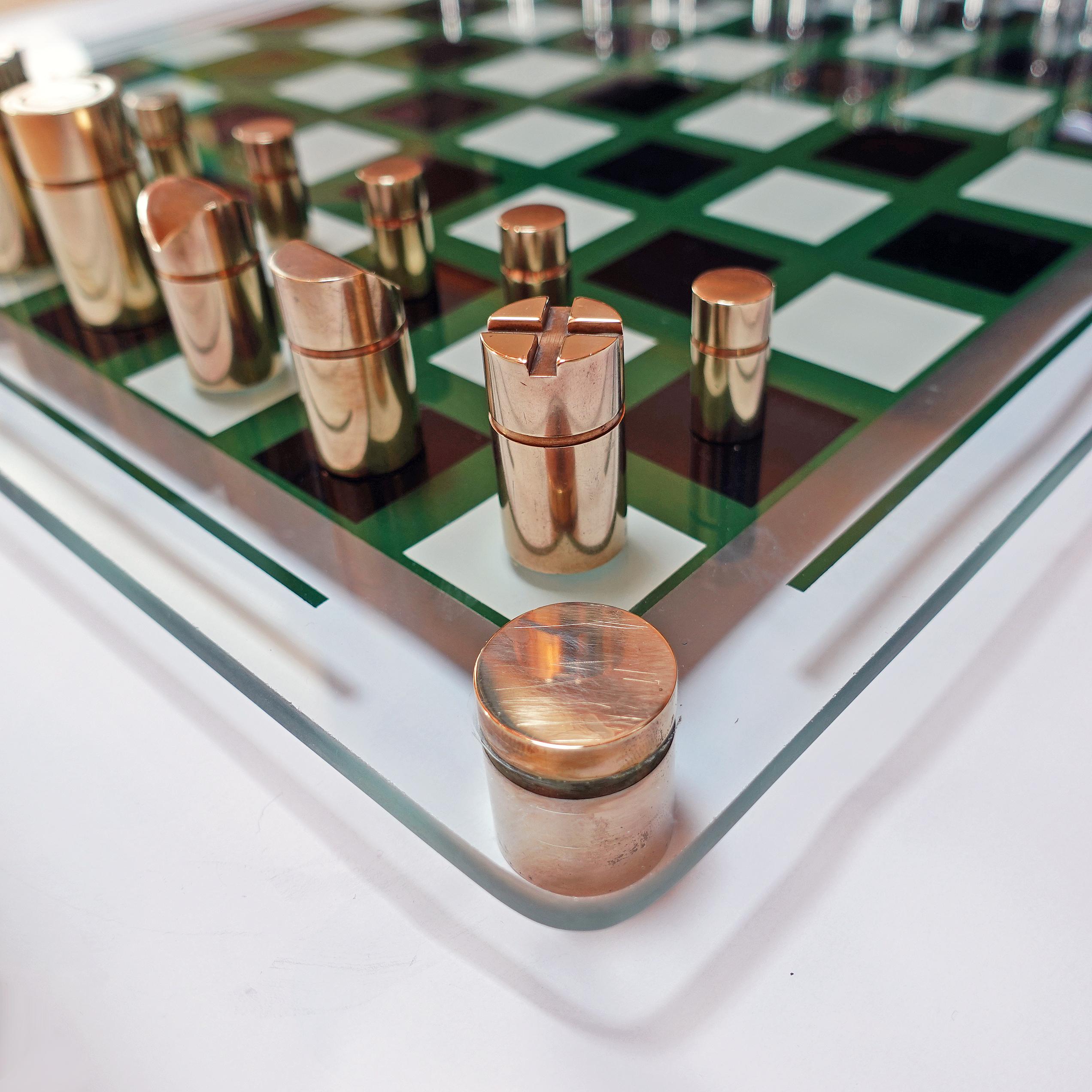 Late 20th Century 1970s French Modernist Glass Brass and Chrome Chess Set For Sale