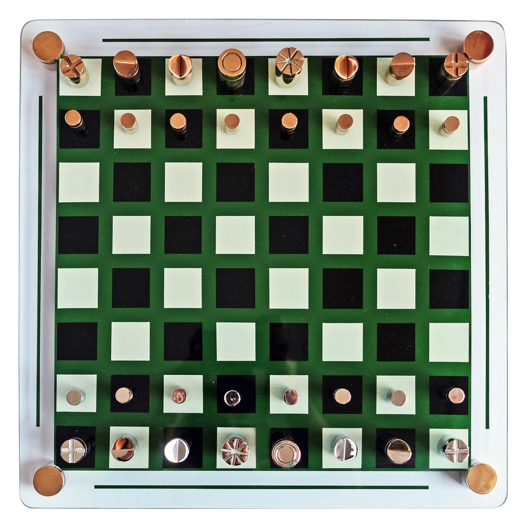 1970s French Modernist Glass Brass and Chrome Chess Set For Sale