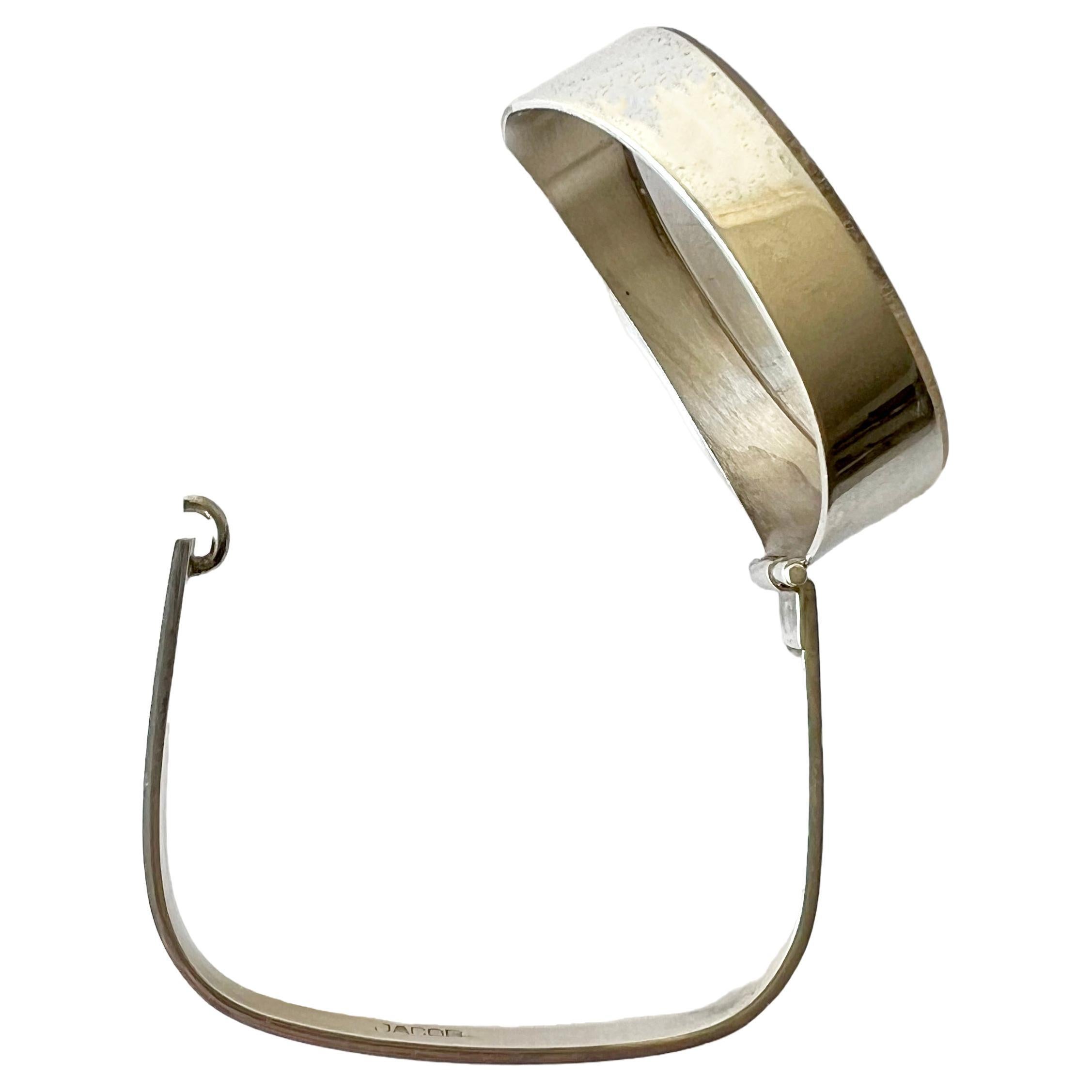 Oval Cut 1970s French Modernist Sterling Silver Rutilated Quartz Hinged Bracelet 