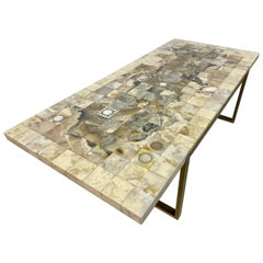 Vintage 1970s French Mosaic Marble, Onyx and Brass Coffee Table