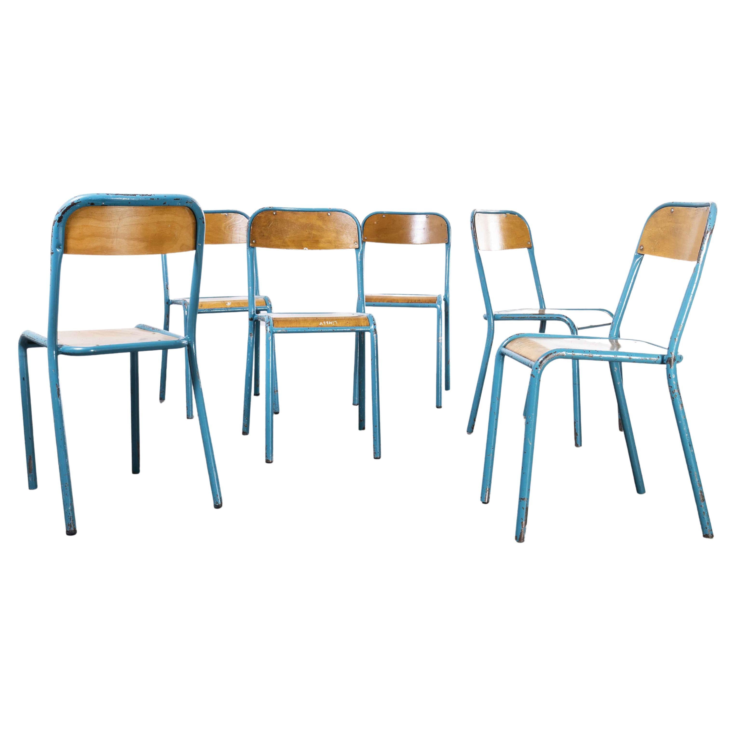 1960's French Mullca Stacking Chair, Light Blue Kick Leg, Set of Seven