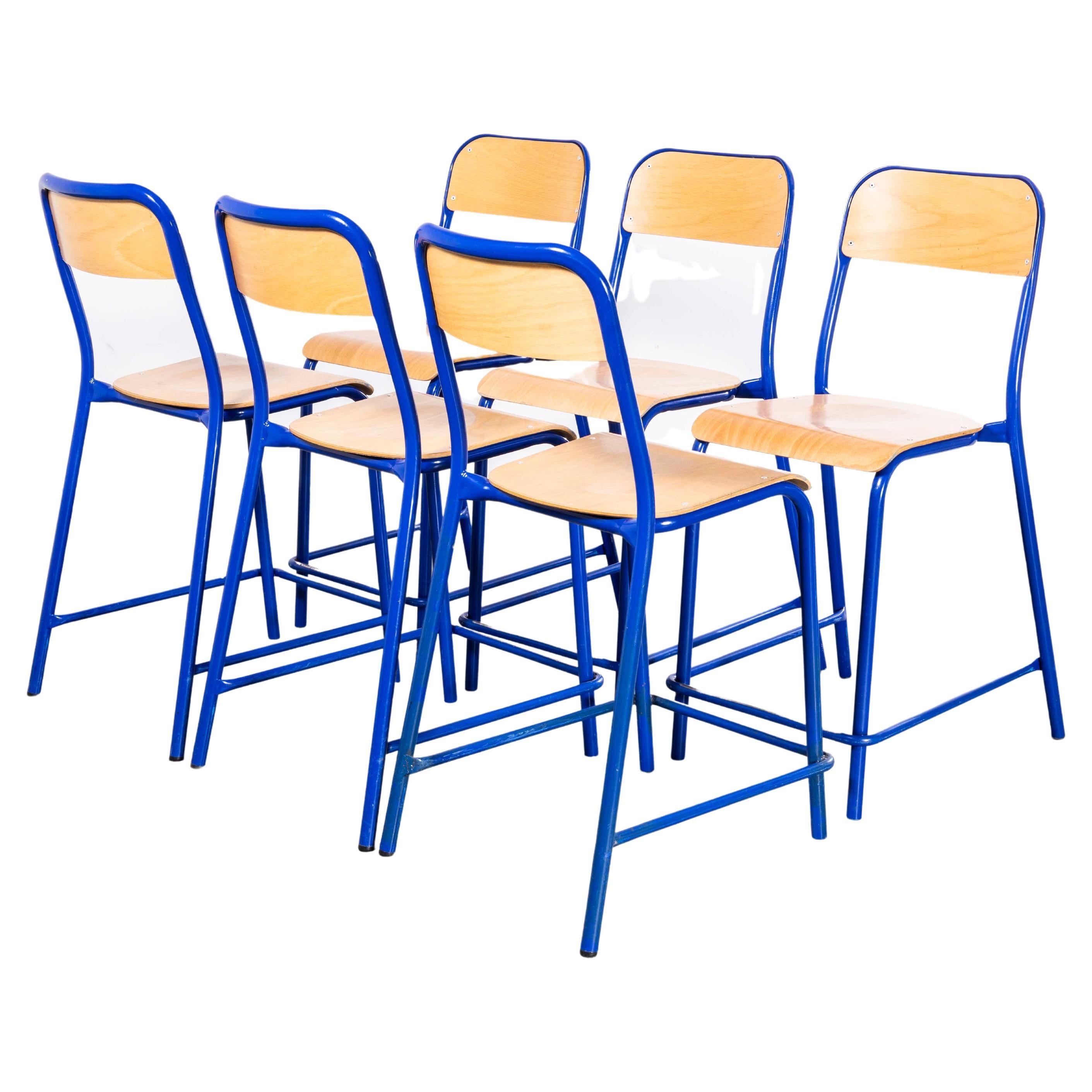 1970's French Mullca Stacking D Back High Bar Chair - Blue - Set Of Six For Sale