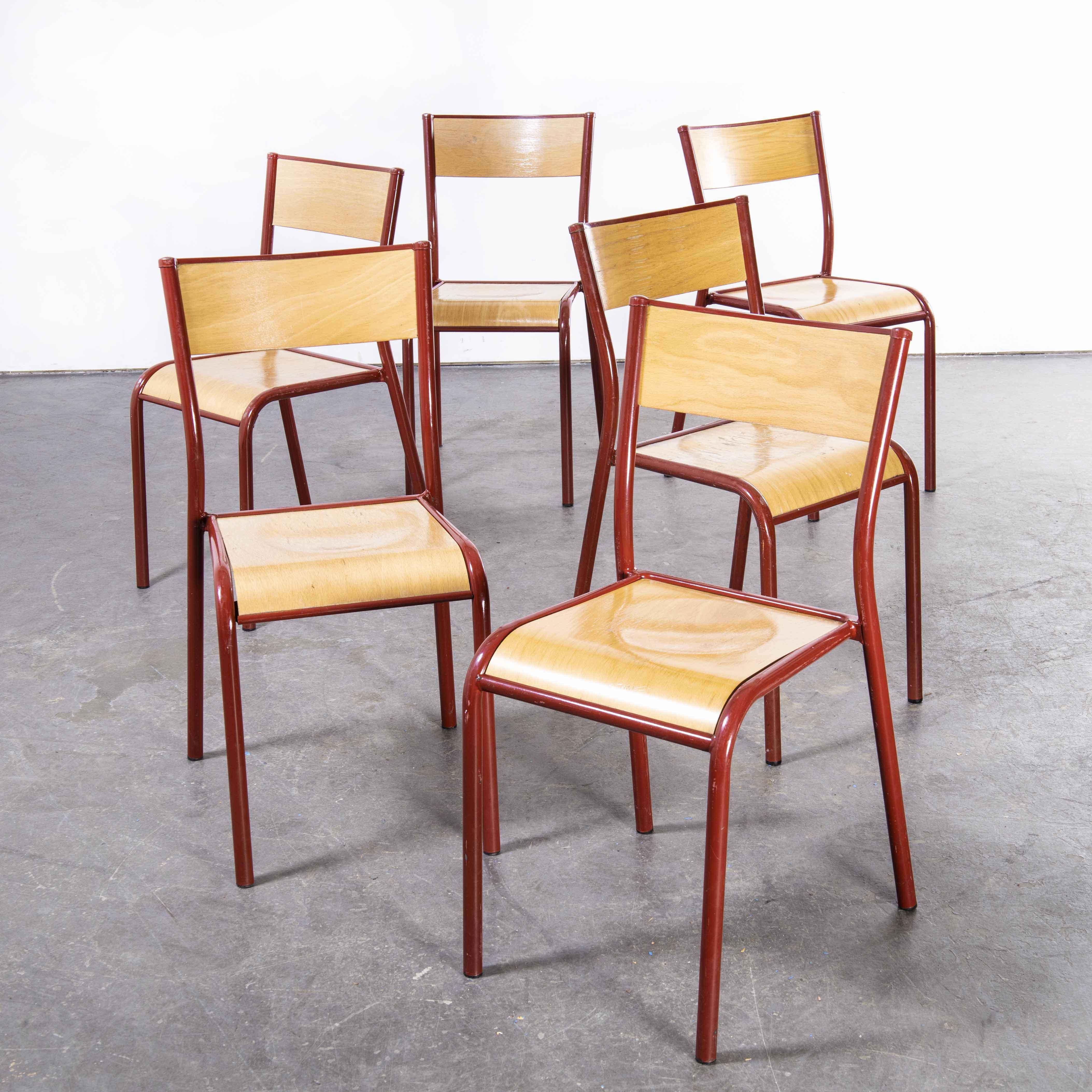 Birch 1970's French Mullca Stacking, Dining Chairs, Red Model 510, Set of Six