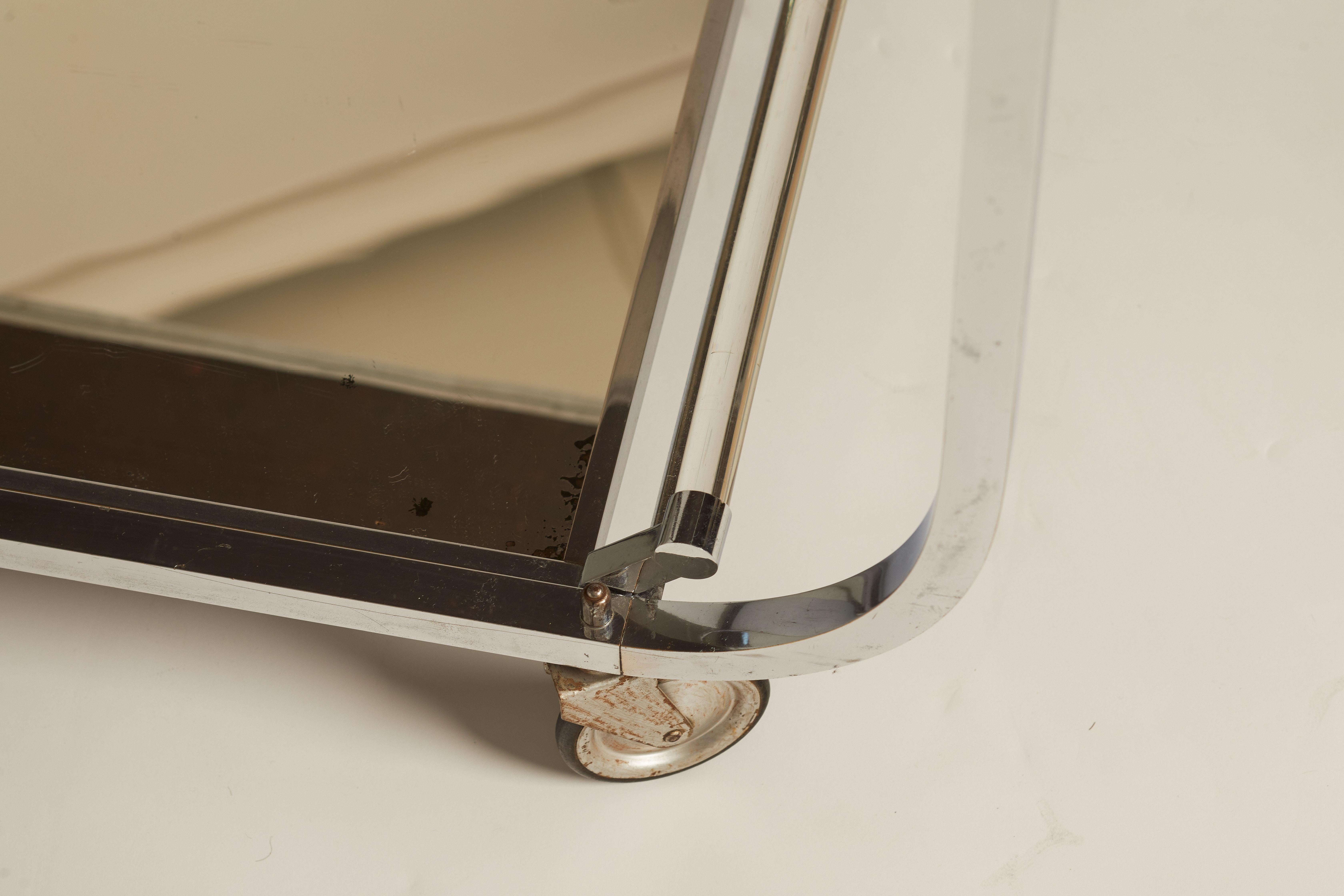 Late 20th Century 1970s French Nickel, Lucite and Mirror Bar Cart with Removable Tray