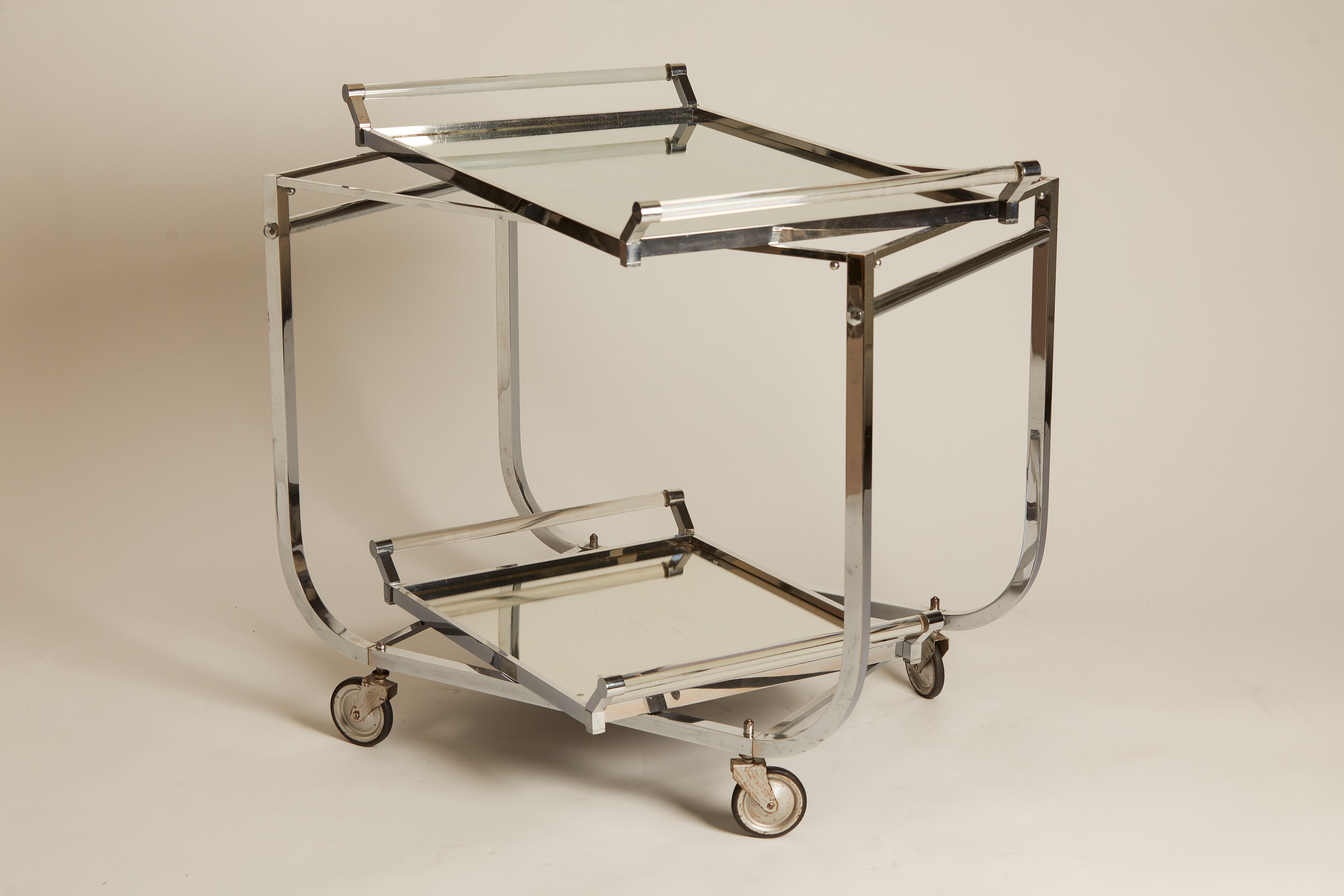 1970s French Nickel, Lucite and Mirror Bar Cart with Removable Tray 1