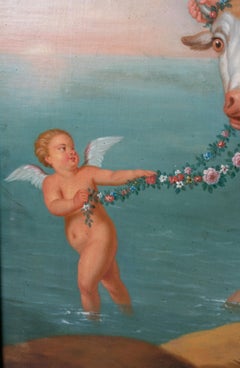 1970s French Oil on Canvas Painting of Europa and the Bull with Frame