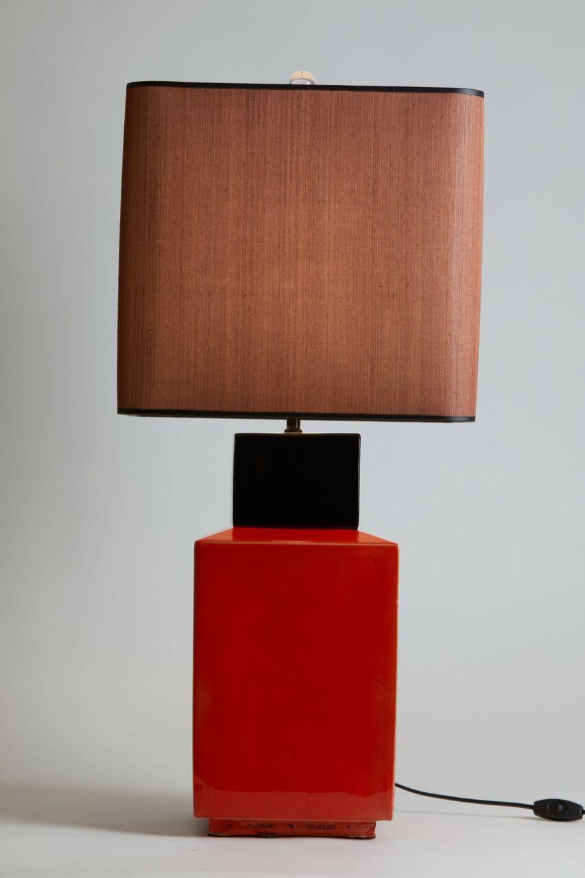 1970s, French Pair of Orange Lacquer Pottery Table Lamps In Excellent Condition In Aspen, CO