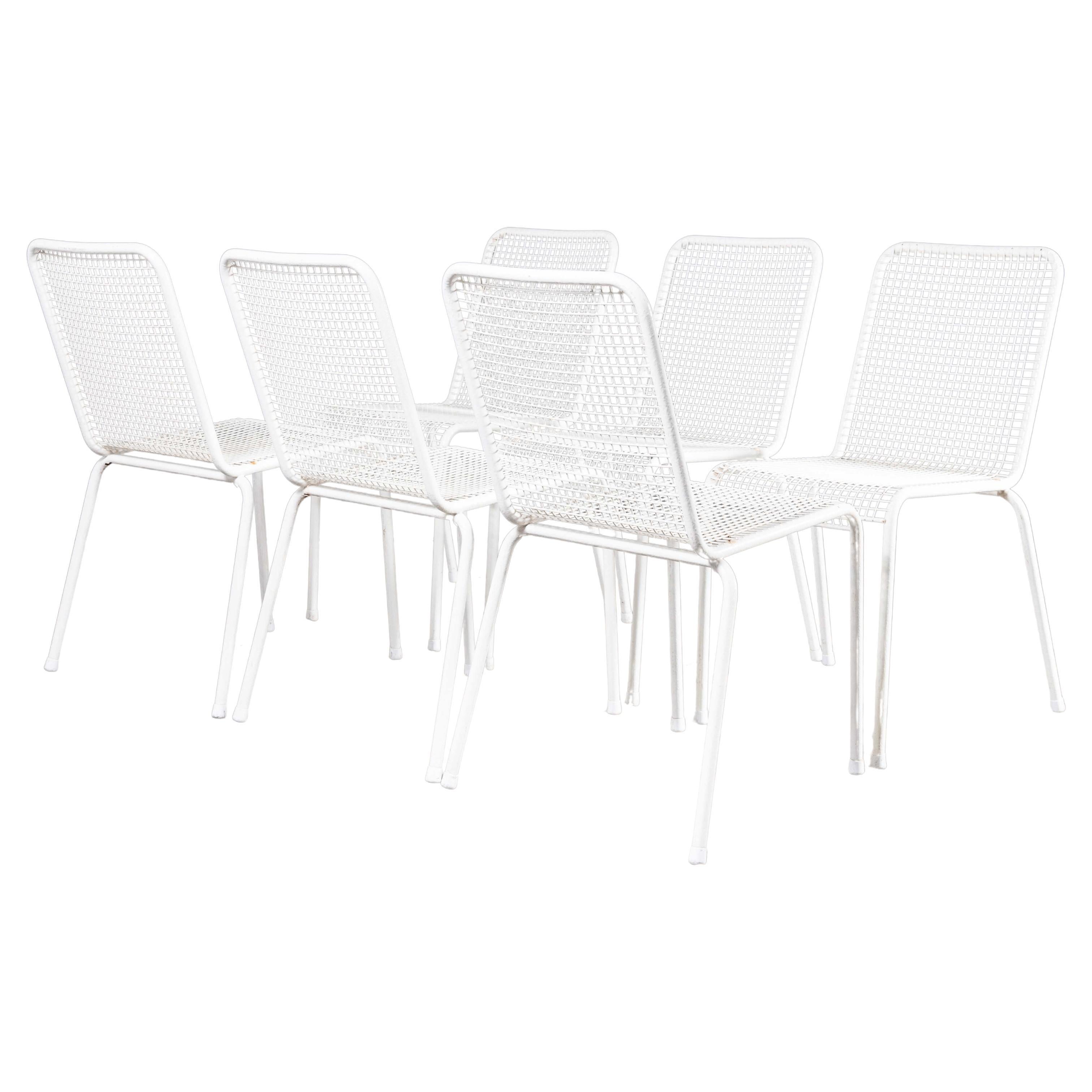 1970's French Original Wire Mesh White Outdoor Dining Chairs - Set Of Six