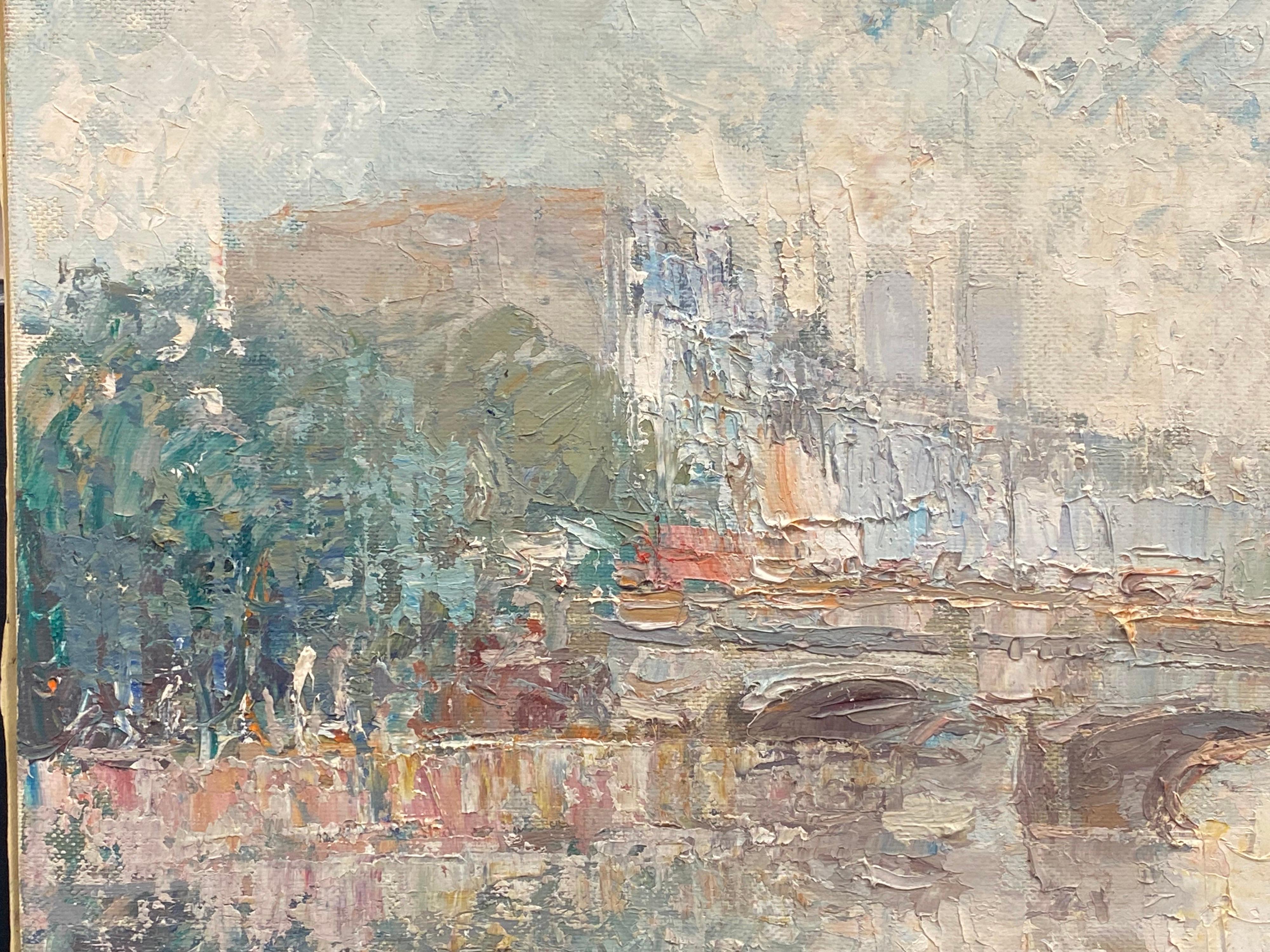 Pont Neuf Paris Misty River Seine Scene, French Expressionist Signed Oil - Painting by 1970's French