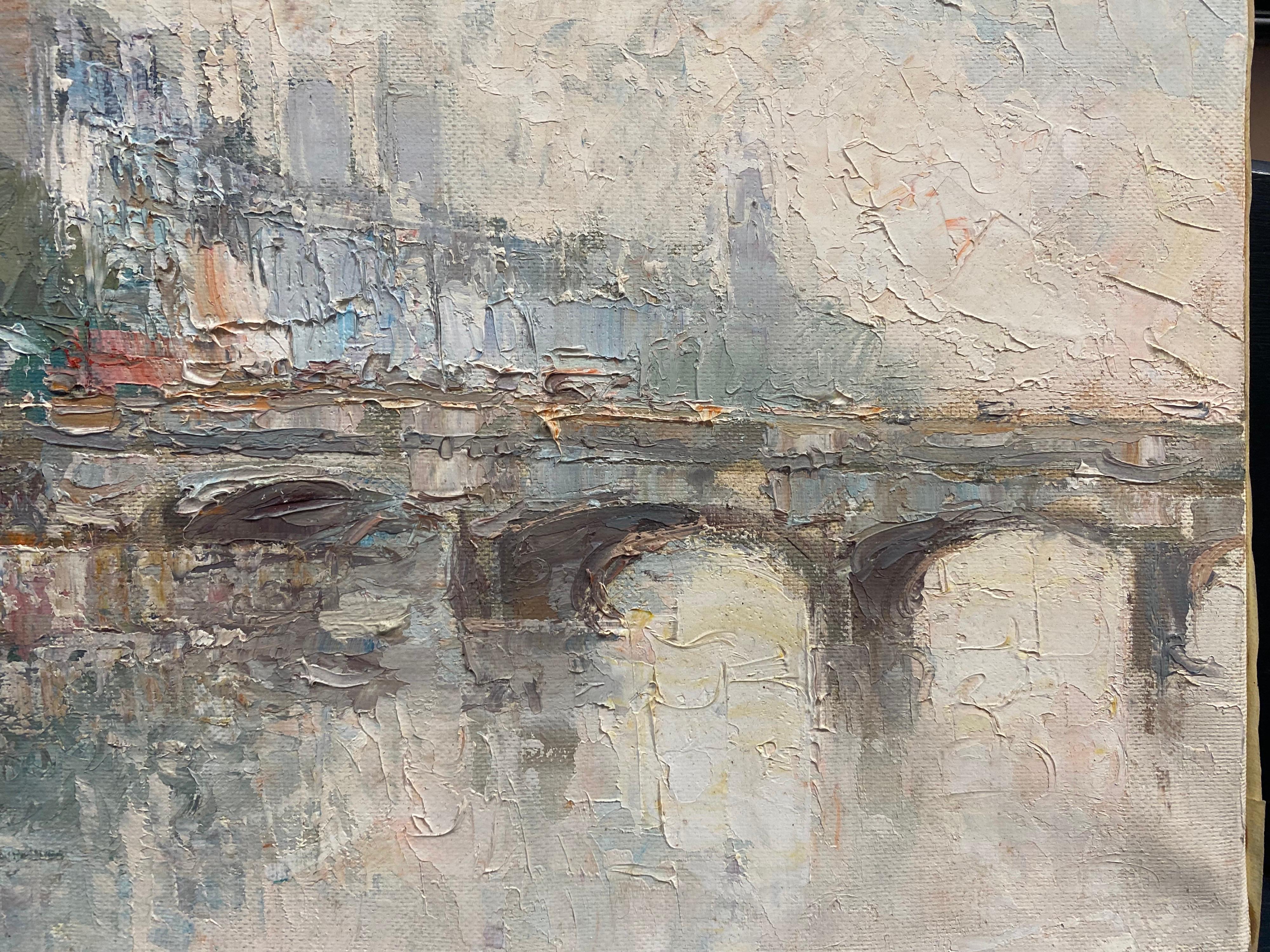Pont Neuf Paris Misty River Seine Scene, French Expressionist Signed Oil - Beige Landscape Painting by 1970's French