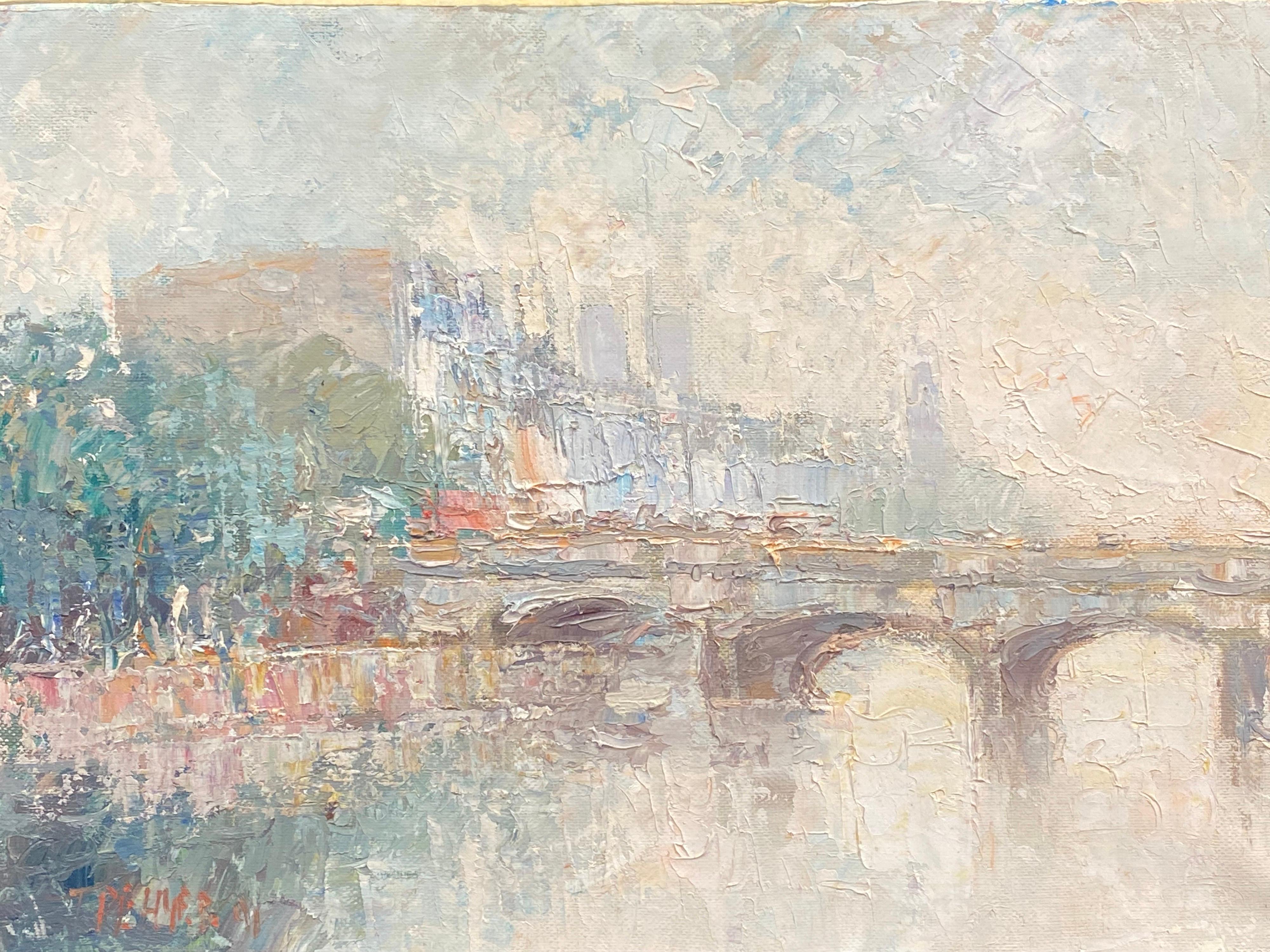 1970's French Landscape Painting - Pont Neuf Paris Misty River Seine Scene, French Expressionist Signed Oil