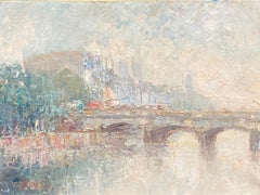 Pont Neuf París Escena brumosa del río Sena, óleo firmado por un expresionista francés