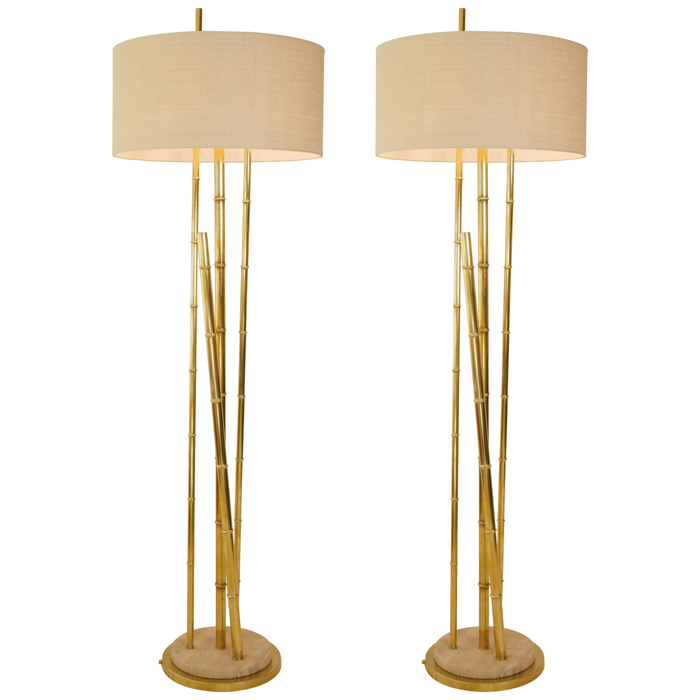 1970s French Pair of Brass Faux Bamboo Floor Lamps