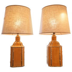 1970s French Pair of Brown Ceramic Lamps with Gilded Bamboo Detail