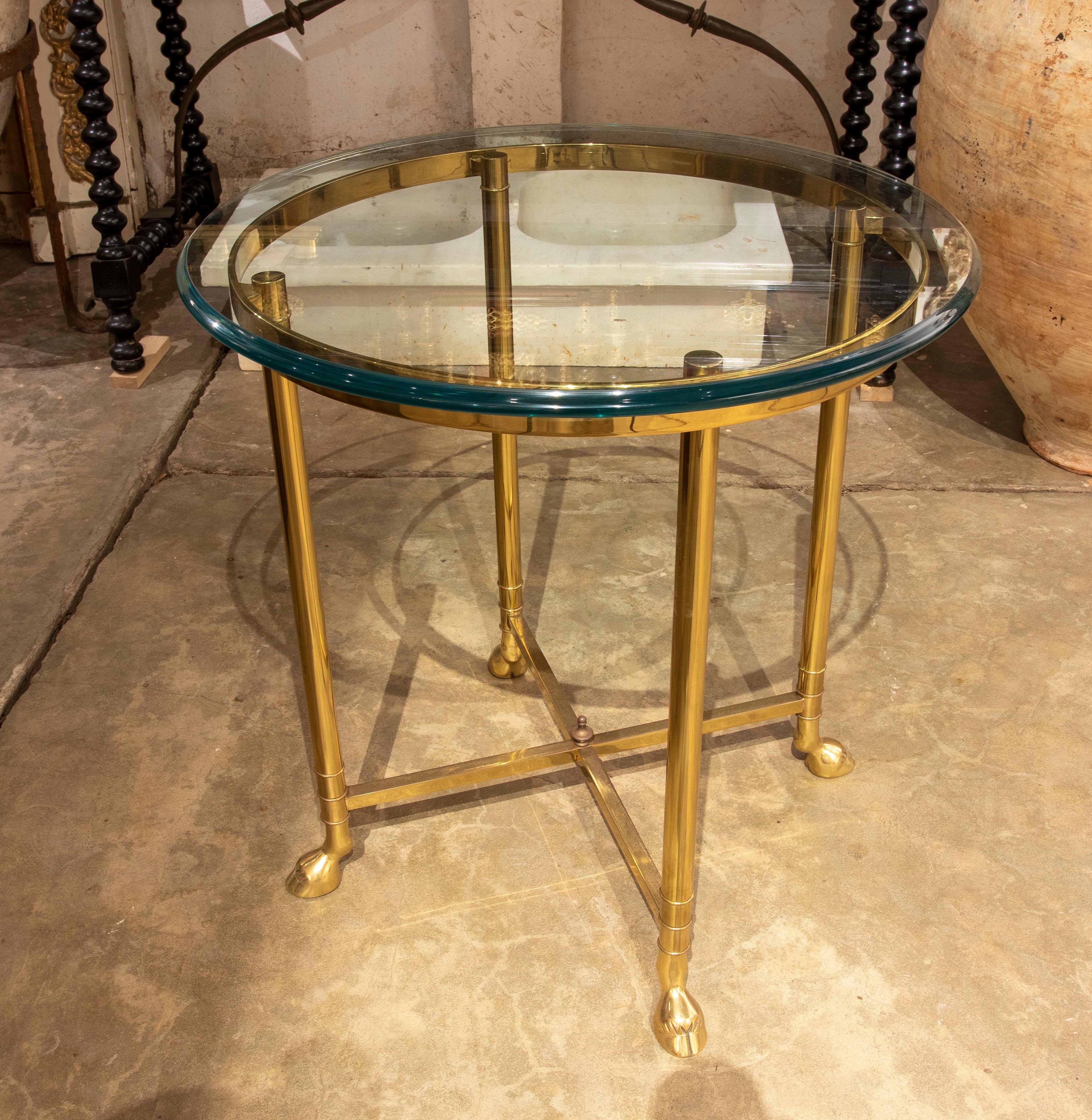 1970s French pair of gilded bronze and glass tables.