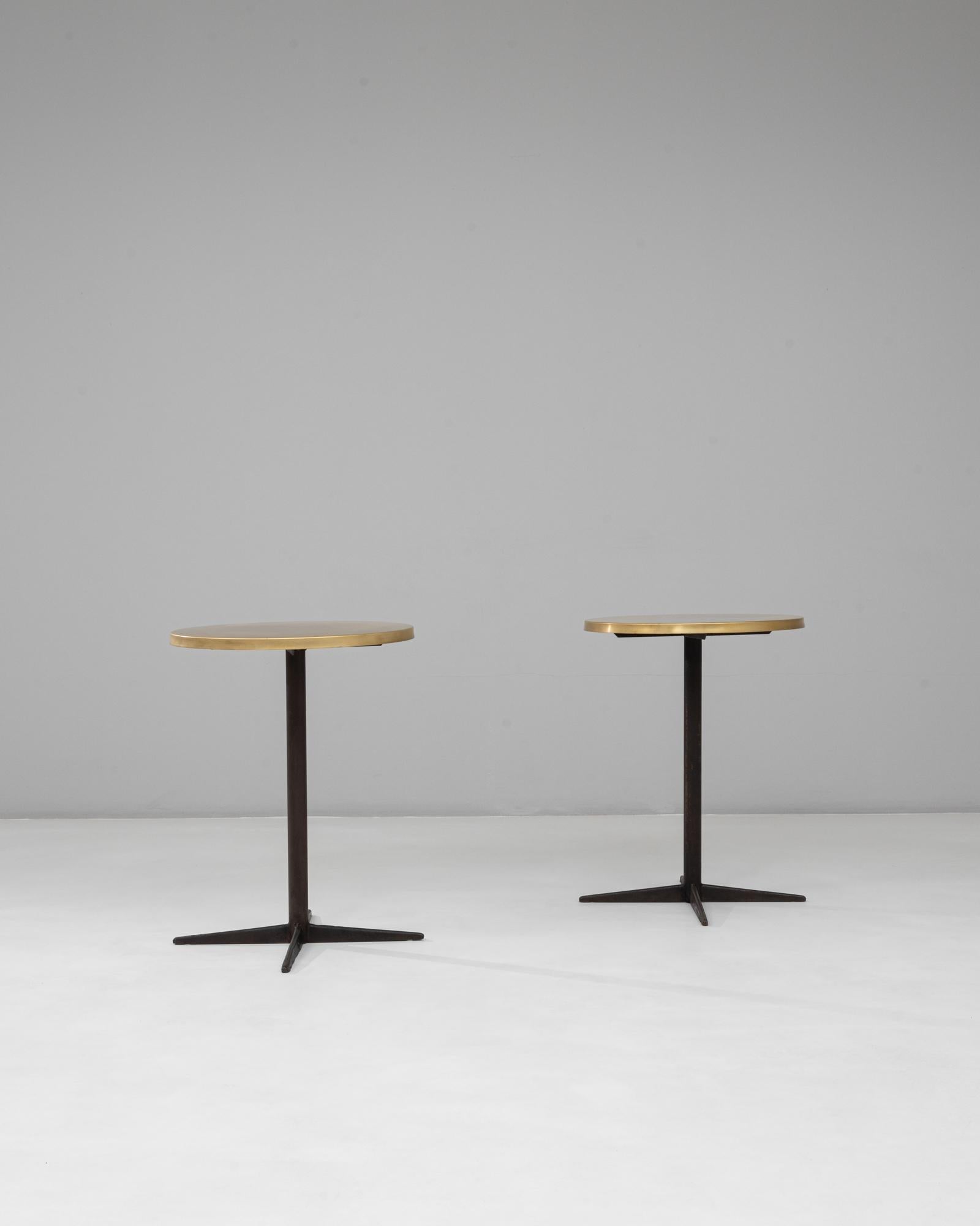 1970s French Pair Of Iron Bistro Tables With Brass Tops In Good Condition For Sale In High Point, NC