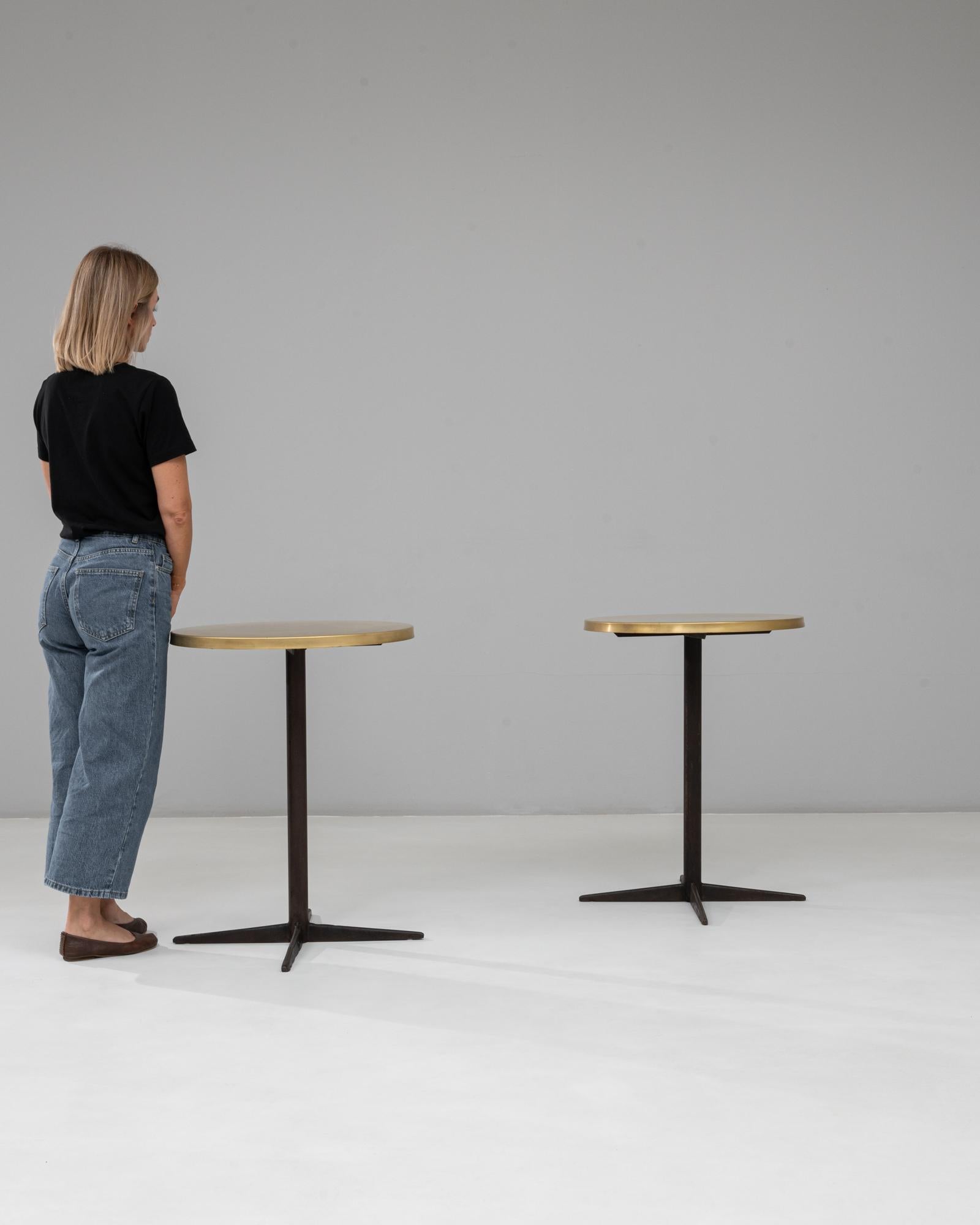 20th Century 1970s French Pair Of Iron Bistro Tables With Brass Tops For Sale