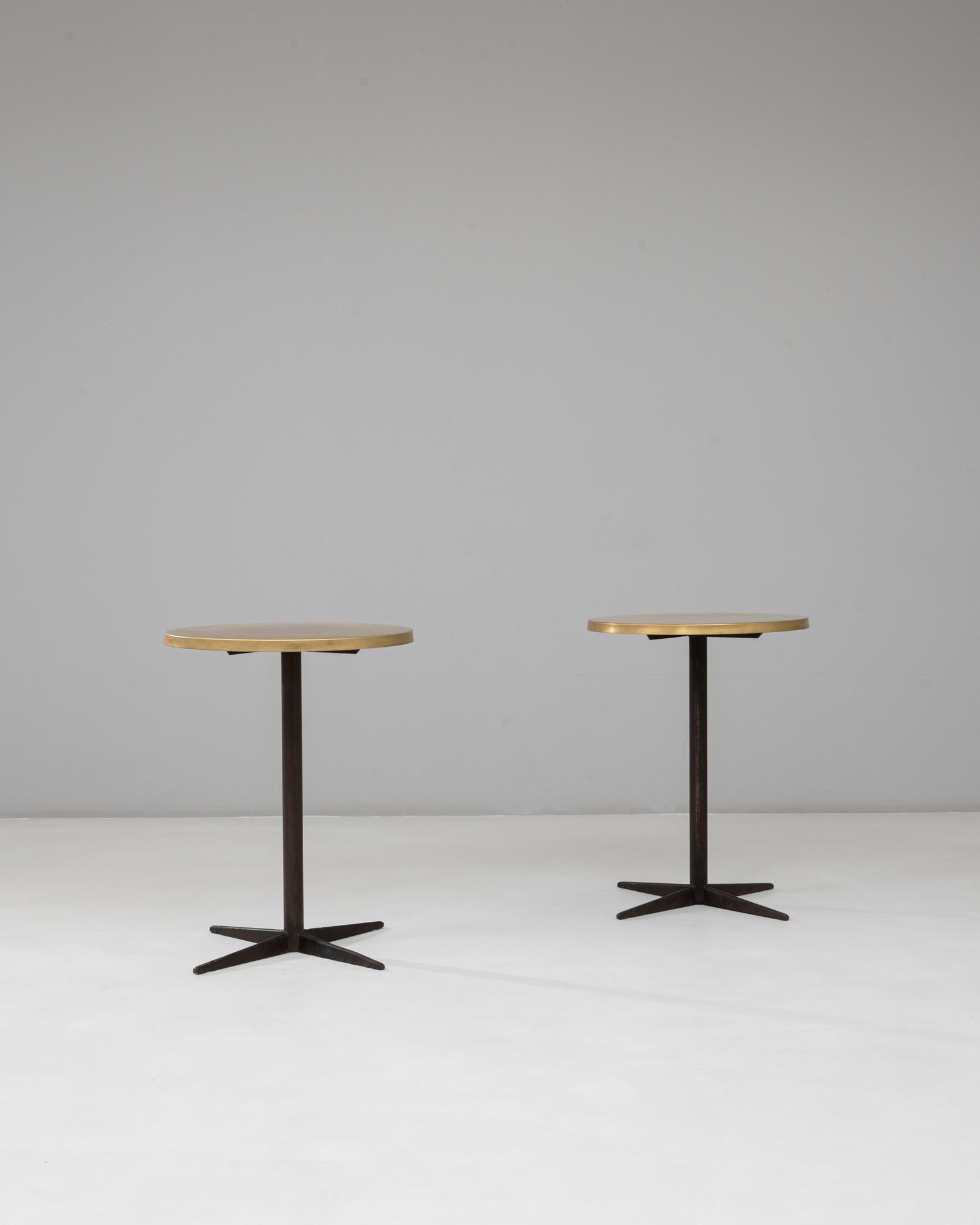 1970s French Pair Of Iron Bistro Tables With Brass Tops For Sale 1