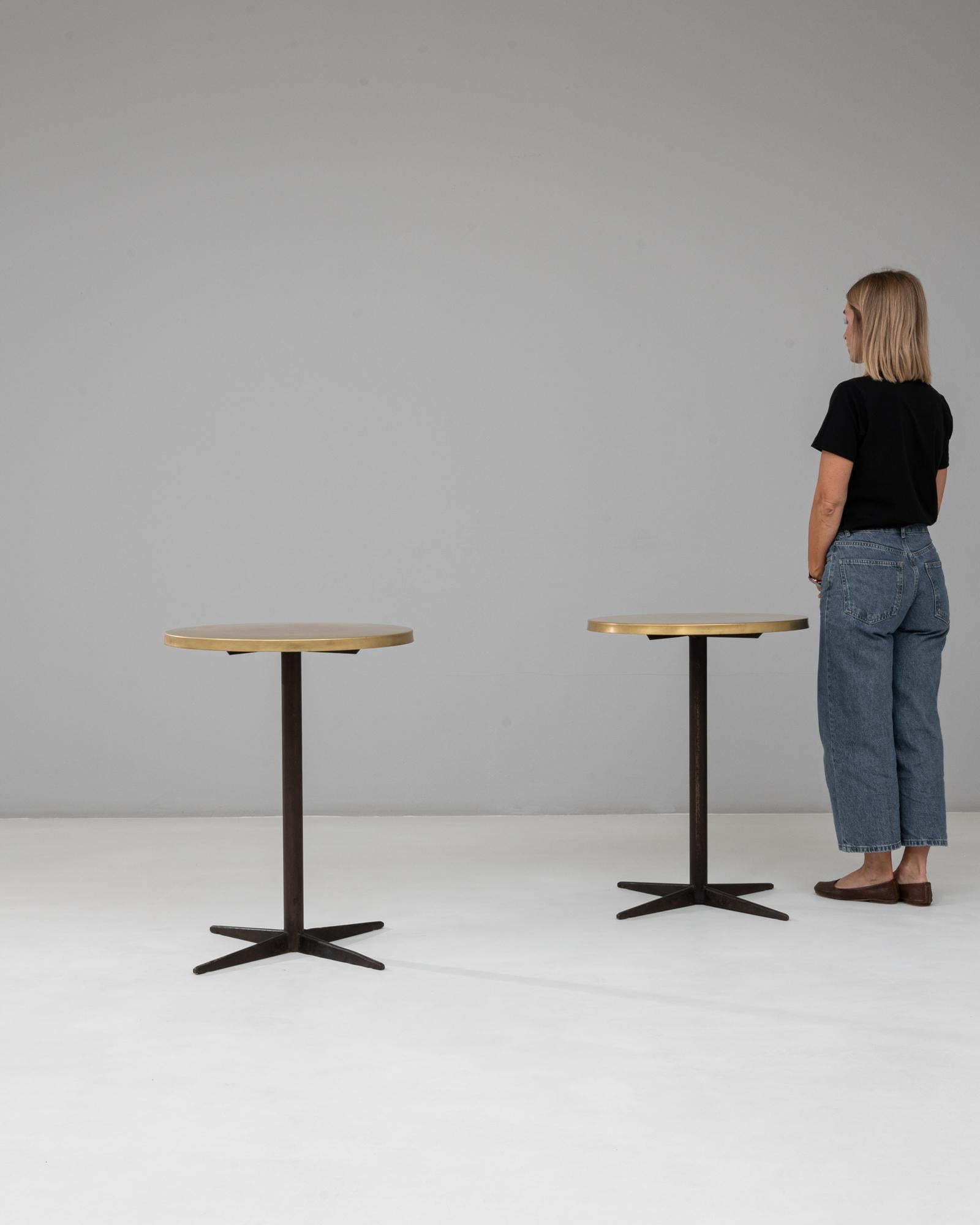 1970s French Pair Of Iron Bistro Tables With Brass Tops For Sale 2