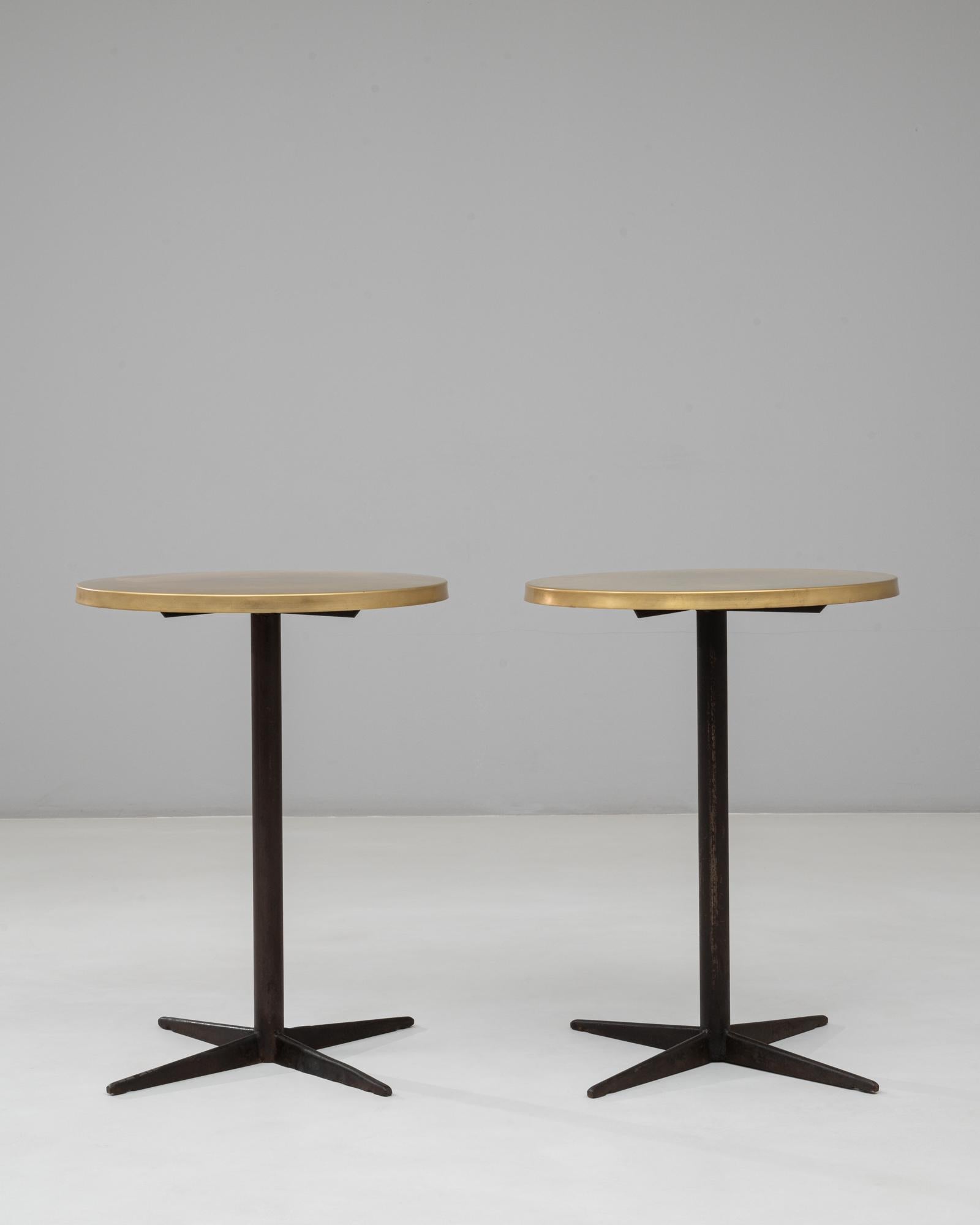 1970s French Pair Of Iron Bistro Tables With Brass Tops For Sale 3