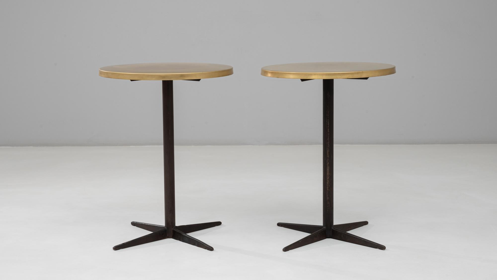 1970s French Pair Of Iron Bistro Tables With Brass Tops For Sale 4