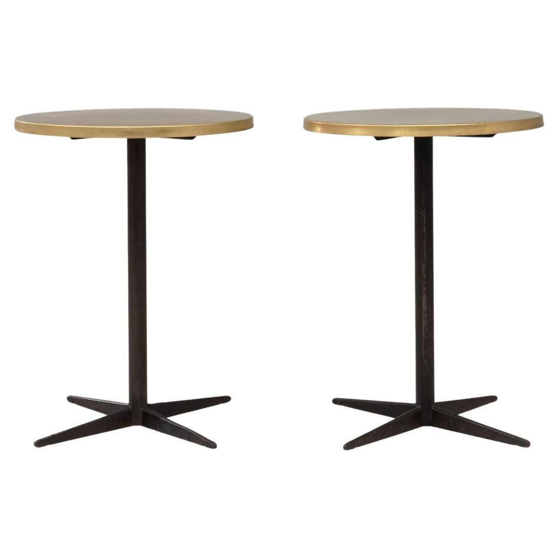 1970s French Pair Of Iron Bistro Tables With Brass Tops For Sale