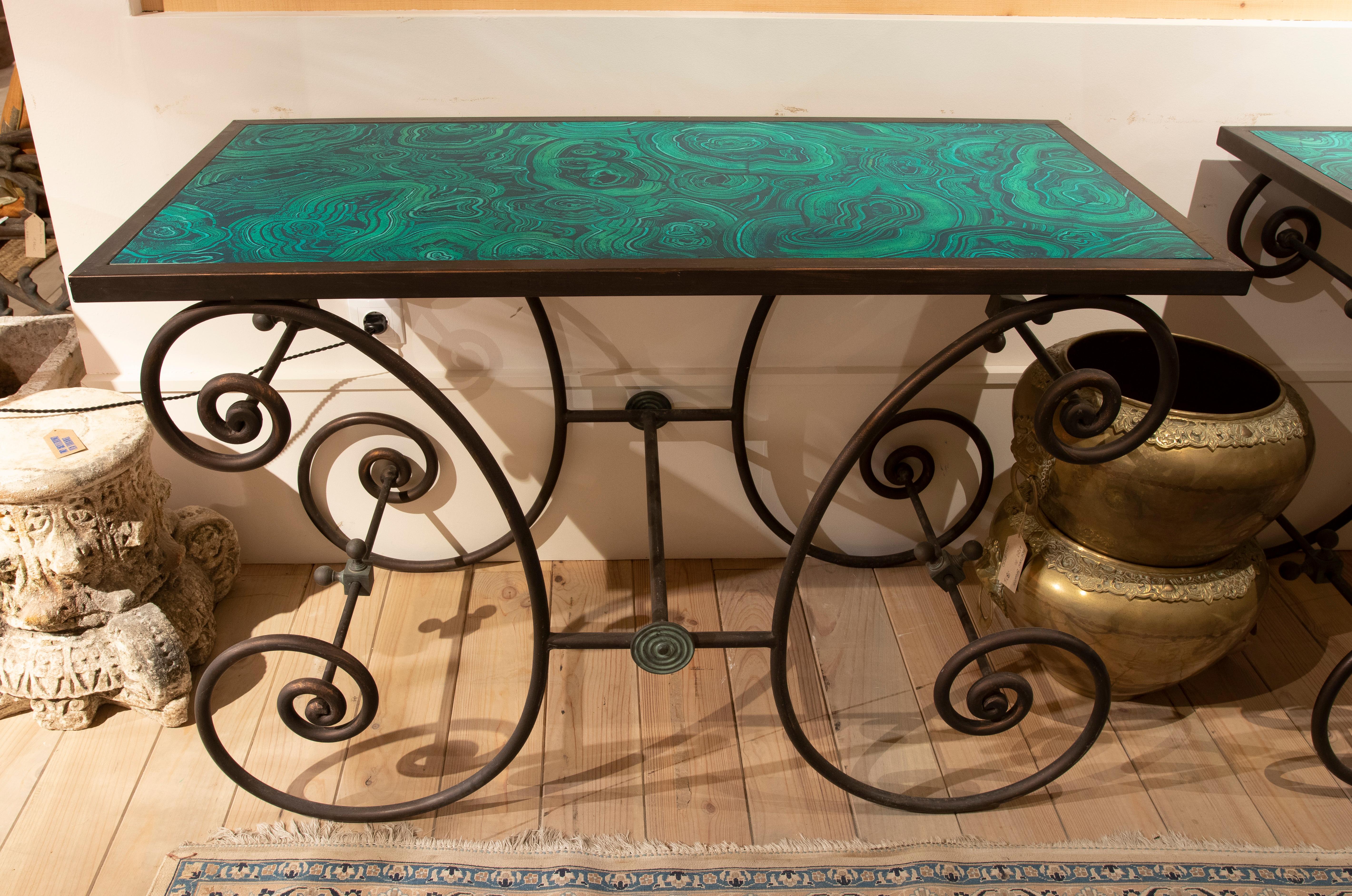 1970s French Pair of Iron Consoles with handmade malaquita drawing finish Tops For Sale 1