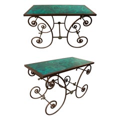 1970s French Pair of Iron Consoles with handmade malaquita drawing finish Tops