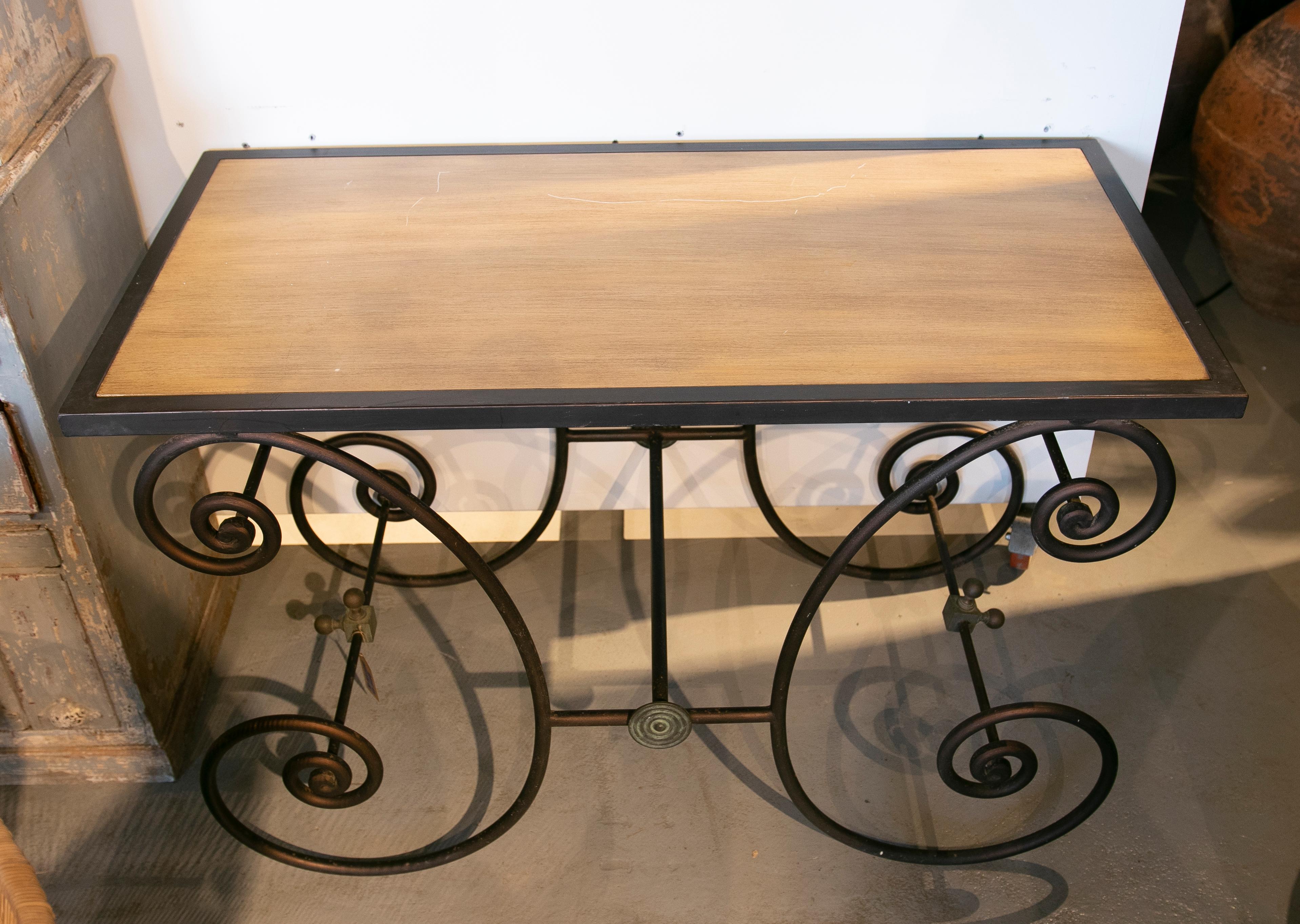 1970s French Pair of Iron Consoles with Wooden Tops 6