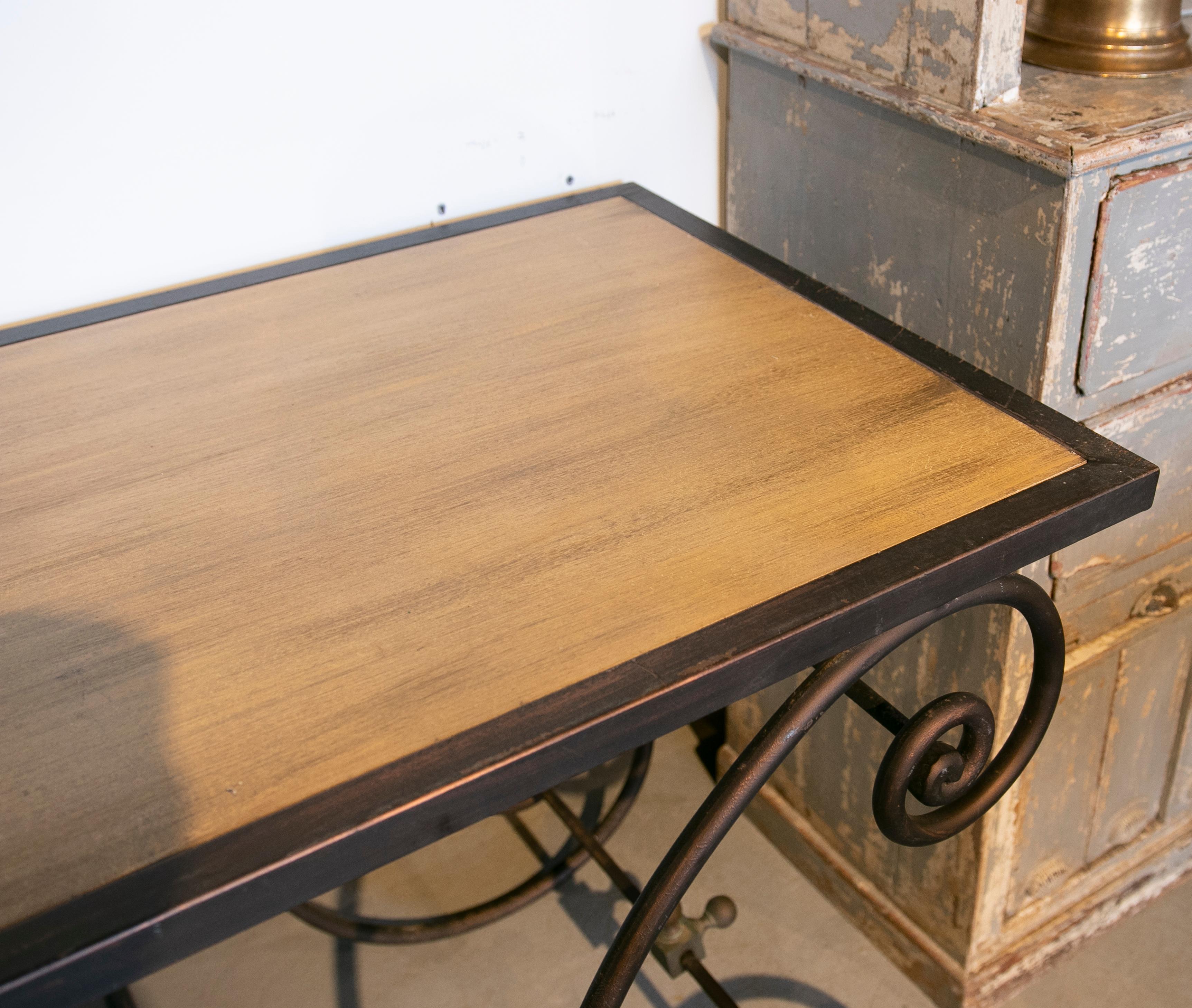 1970s French Pair of Iron Consoles with Wooden Tops 7