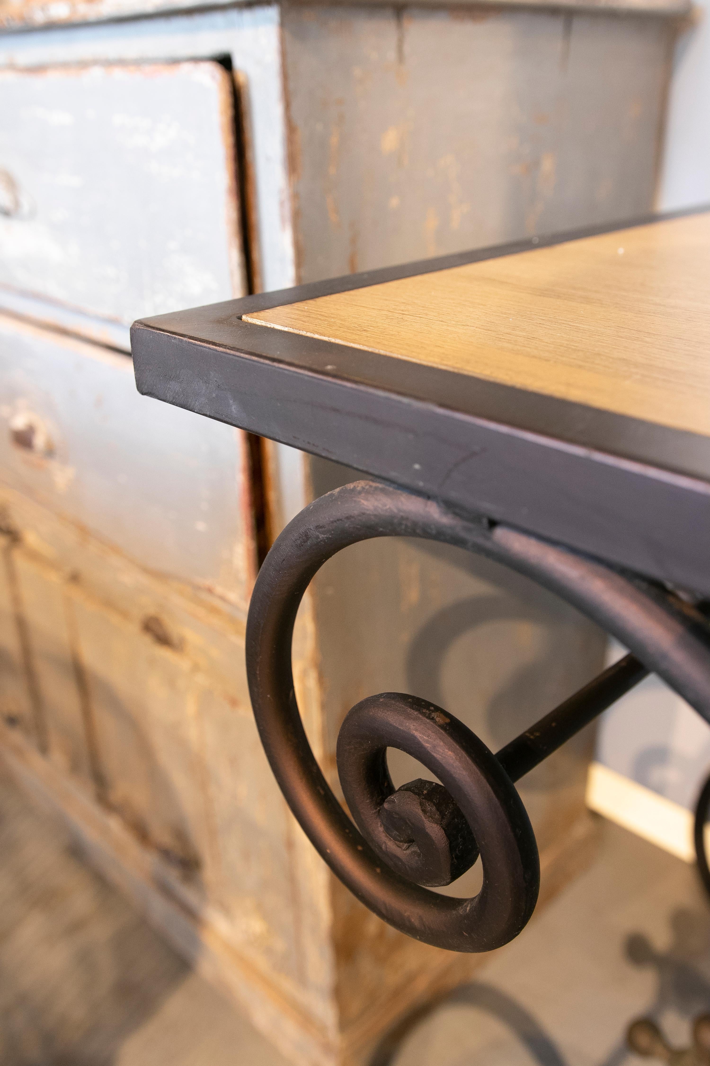 1970s French Pair of Iron Consoles with Wooden Tops 2