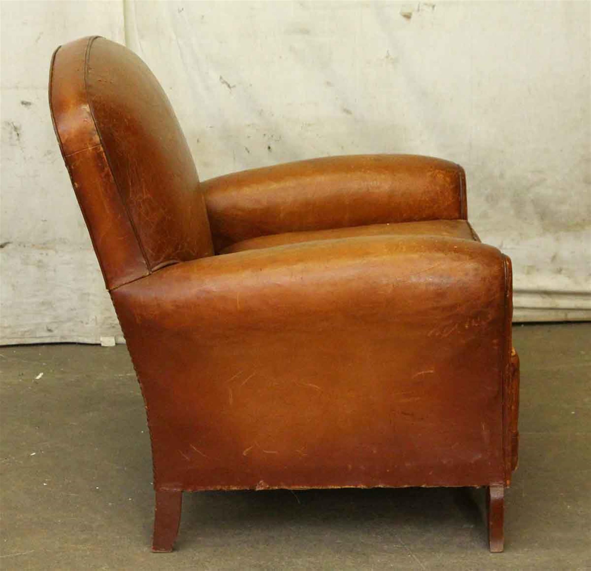 1970s French Pair of Leather Club Chairs with a Studded Back 1
