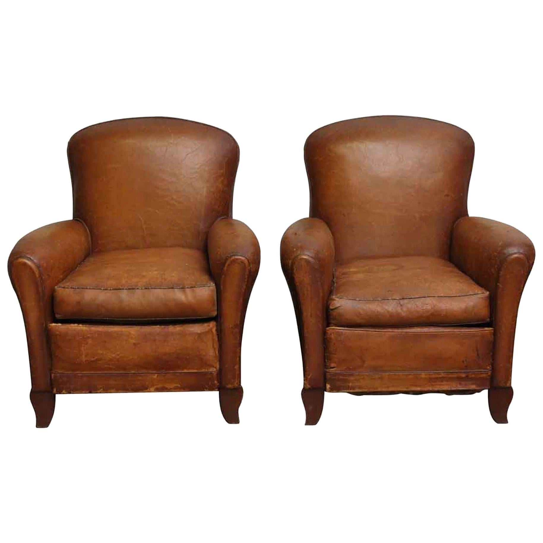 1970s French Pair of Leather Club Chairs with a Studded Back