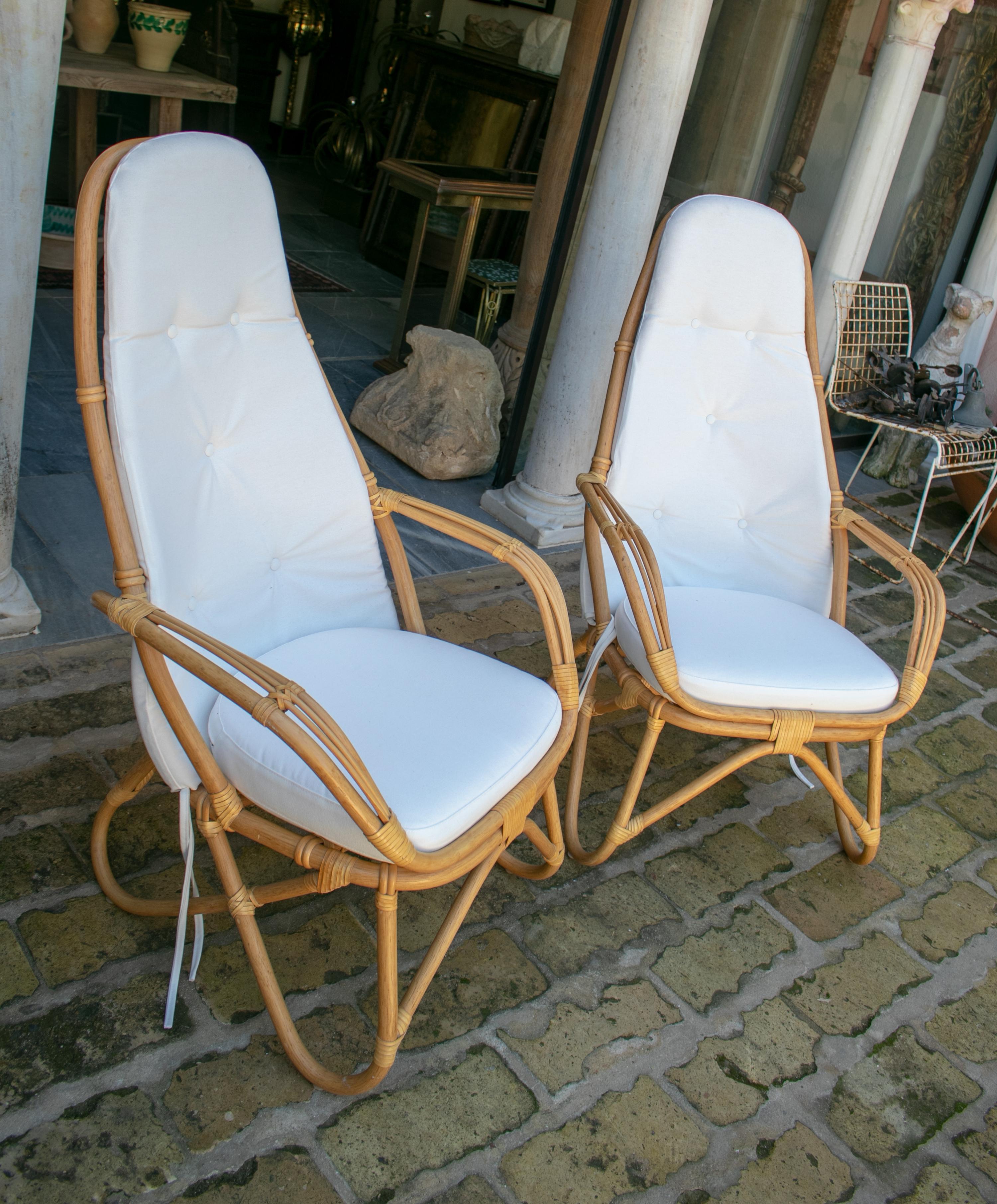 Spanish 1970s French Pair of Leather Joined Bamboo Armchairs