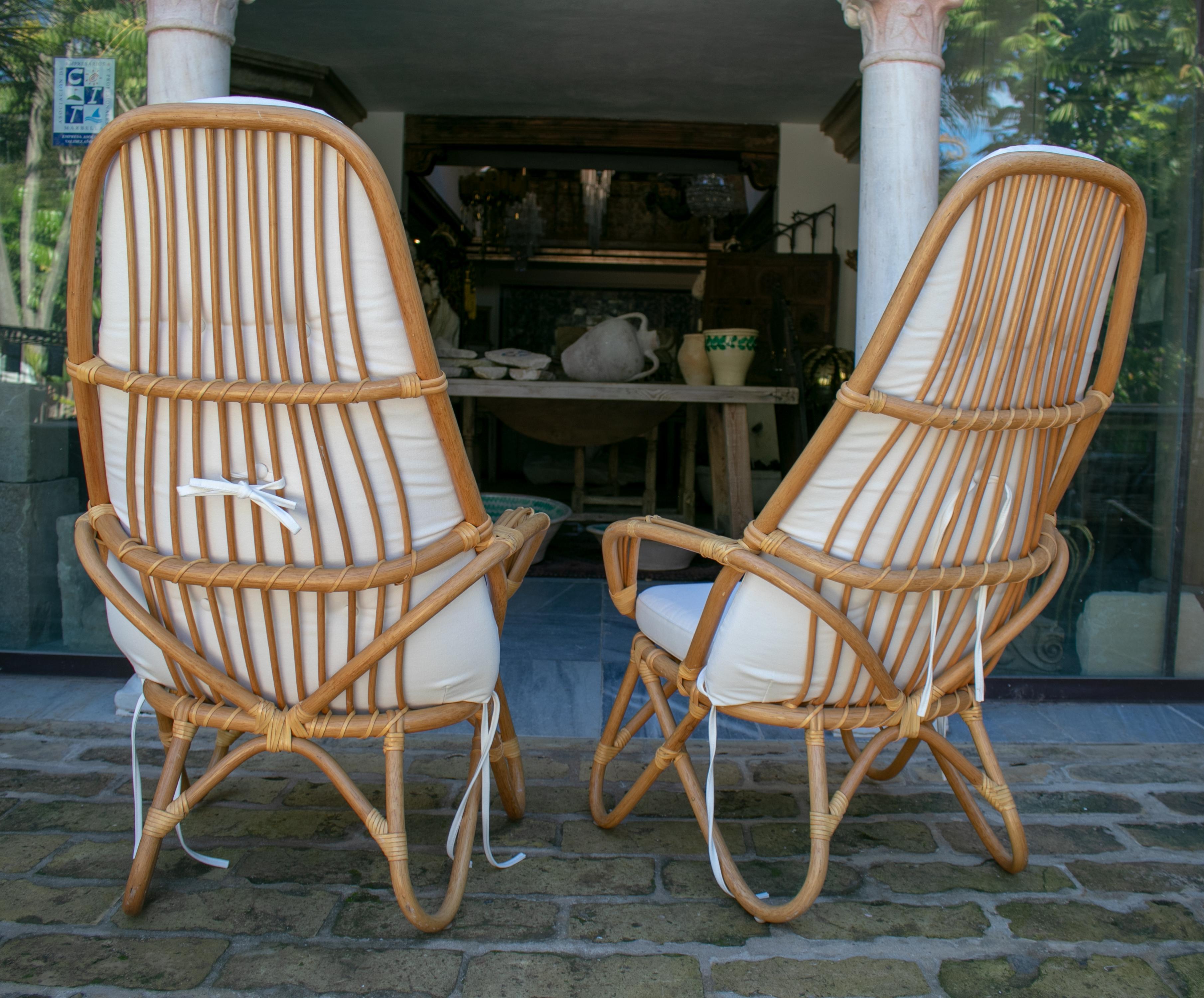 1970s French Pair of Leather Joined Bamboo Armchairs 1
