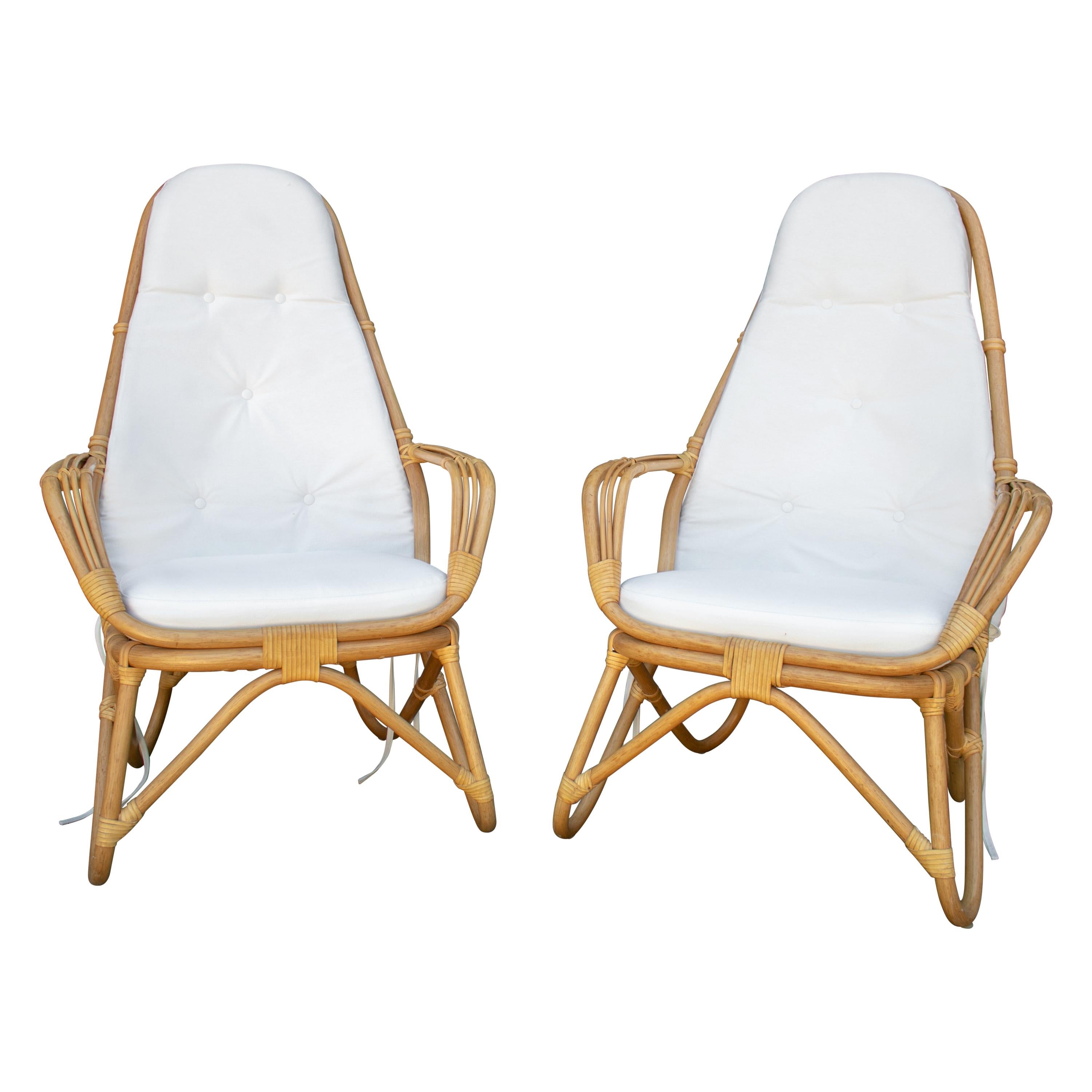 1970s French Pair of Leather Joined Bamboo Armchairs