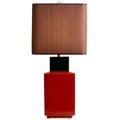 1970s, French Pair of Orange Lacquer Pottery Table Lamps