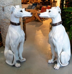 1970s French Pair of Painted Glazed Ceramic Dogs