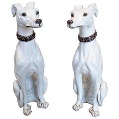 1970s French Pair of Painted Glazed Ceramic Dogs