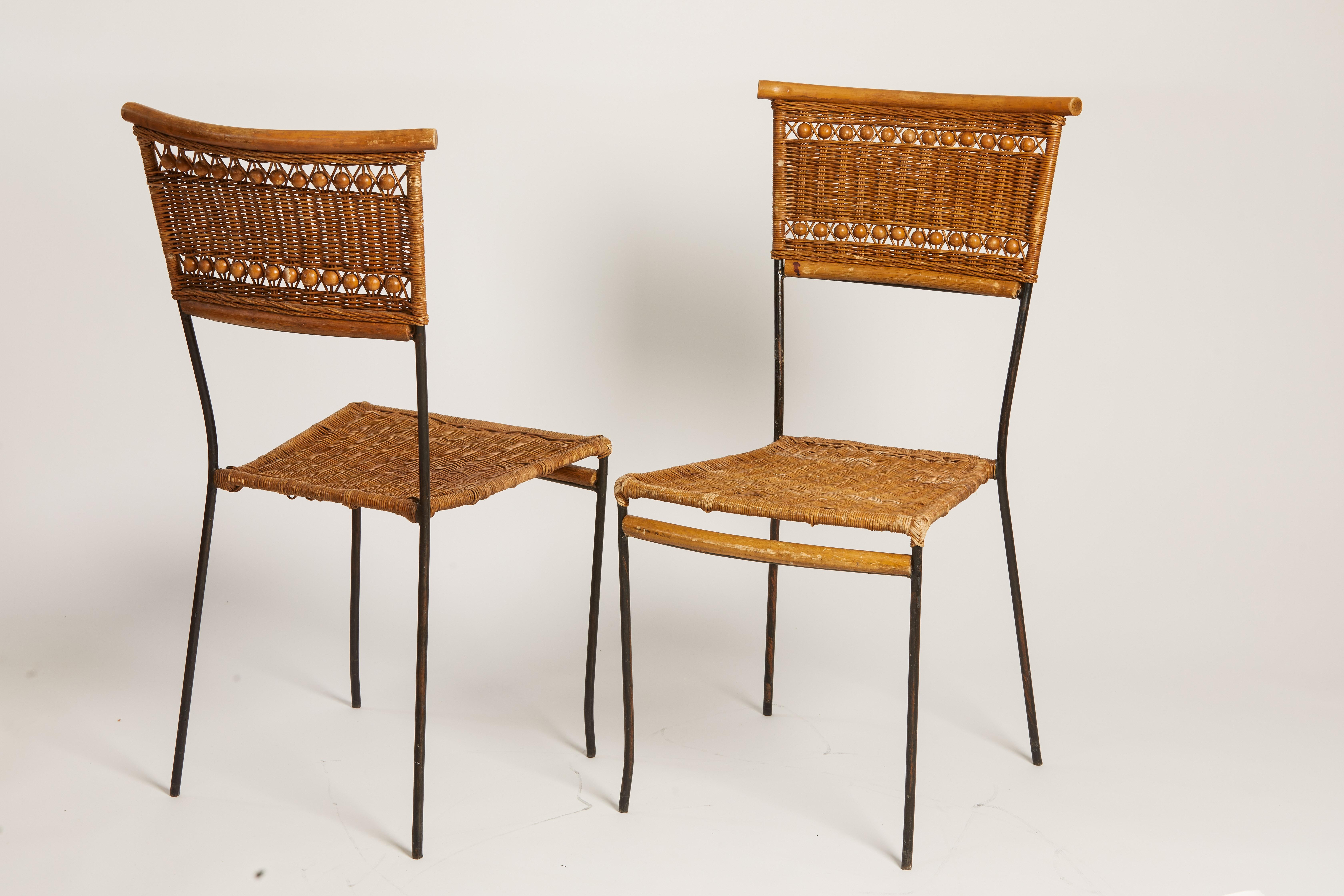 European 1970s French Pair of Raffia, Metal, and Wood Beaded Decorative Chairs