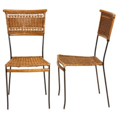 1970s French Pair of Raffia, Metal, and Wood Beaded Decorative Chairs