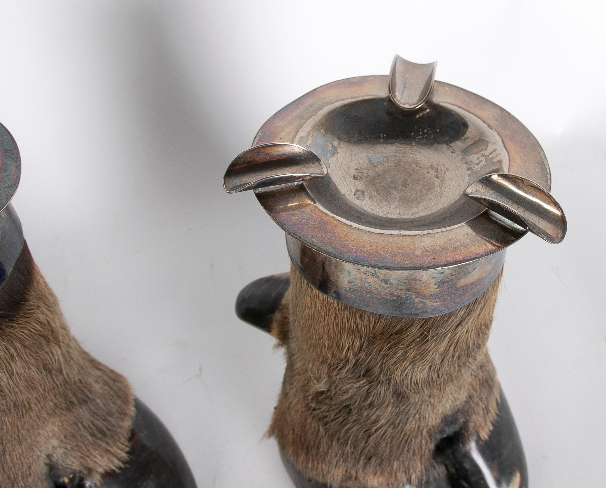 Animal Skin 1970s French Pair of Silver Plated Metal and Animal Footed Ashtrays  For Sale