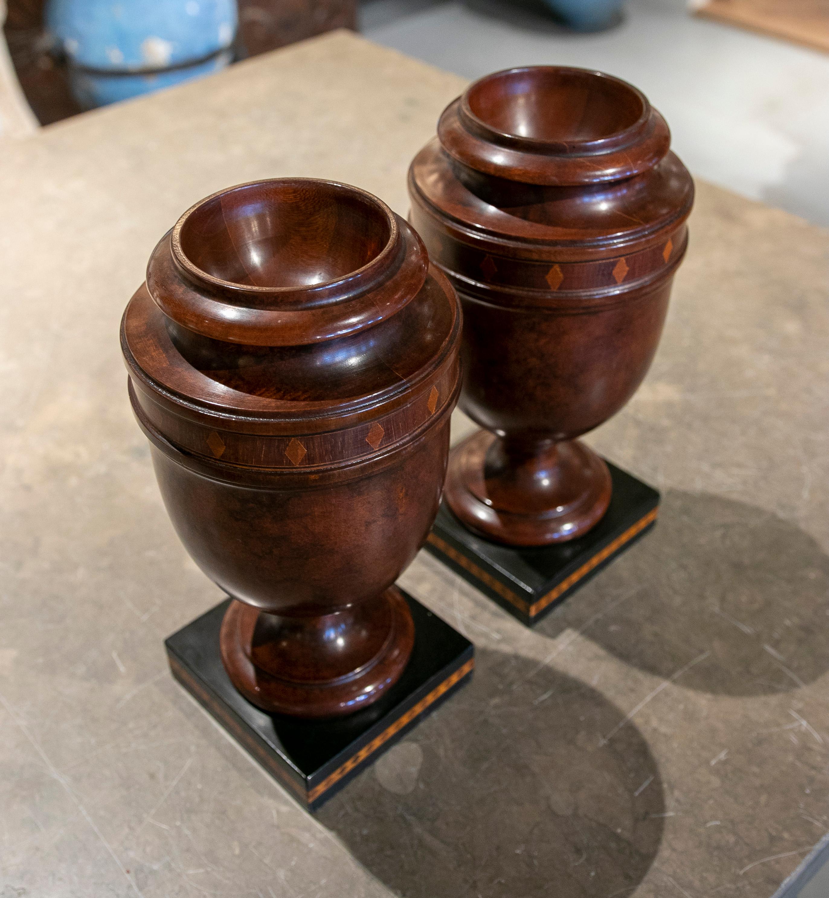 1970s French Pair of  Wooden Finials with Inlay 5