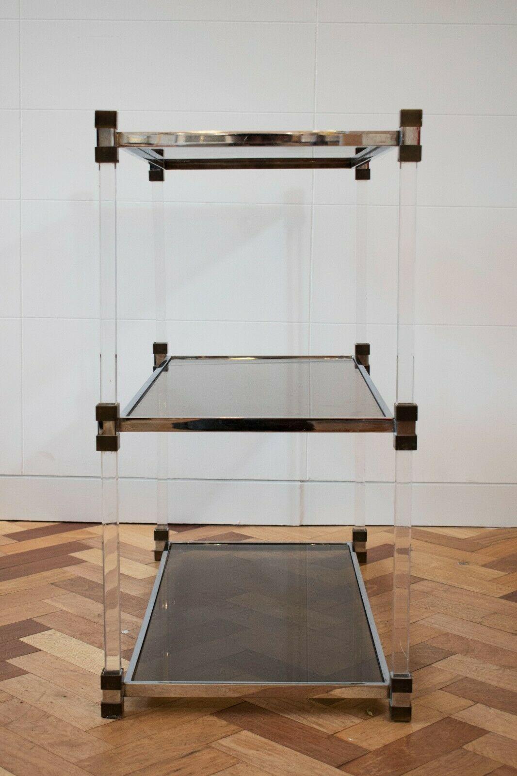 20th Century Etagere, French Perspex, Brass and Glass Three Tier Shelving Unit, 1970's 