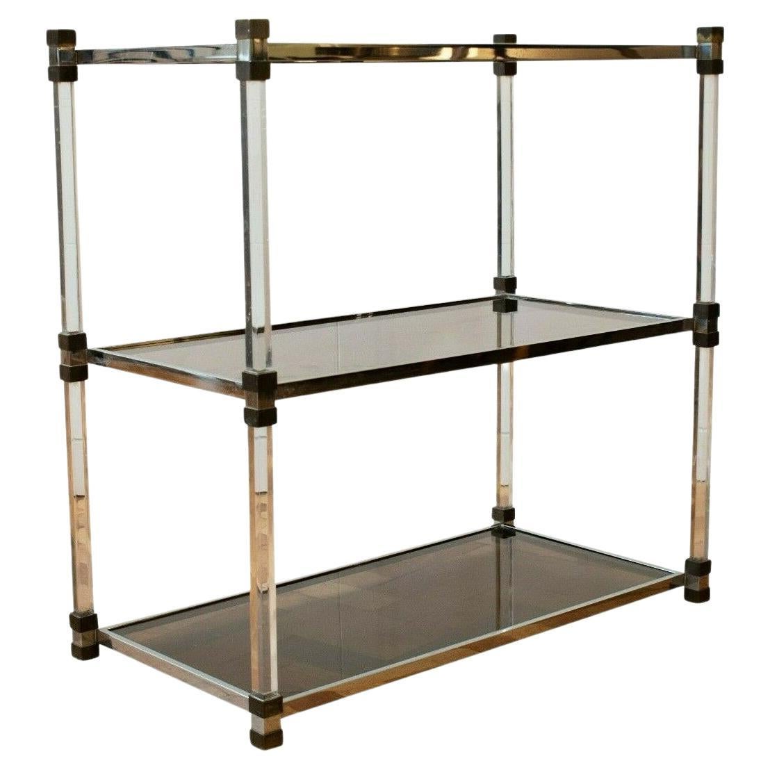 Etagere, French Perspex, Brass and Glass Three Tier Shelving Unit, 1970's 