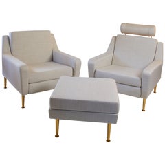 1970s French Pierre Guariche for Airborne Pair of Ivory Armchairs and Ottoman 