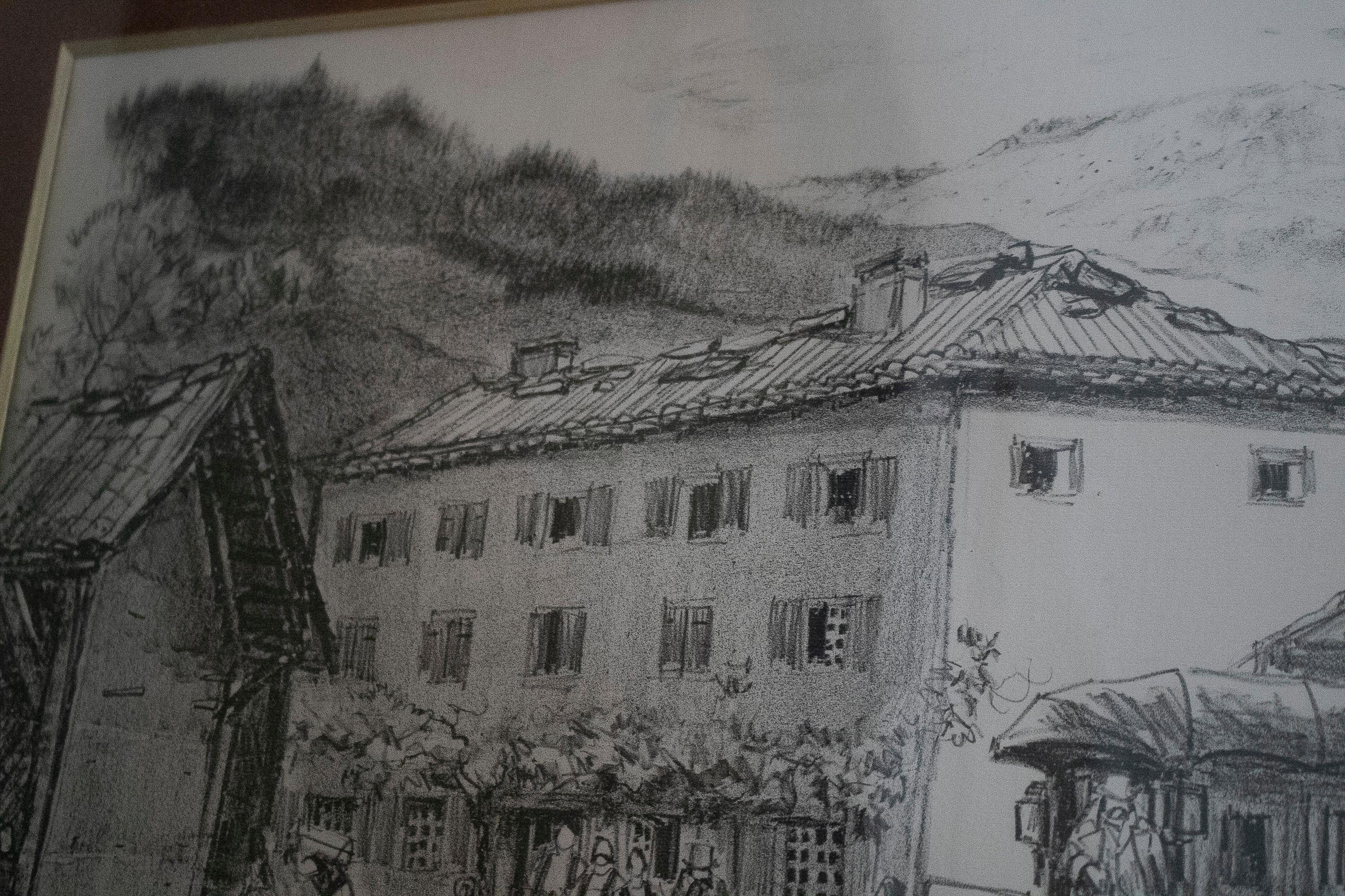 1970s French Post House Charcoal Painting For Sale 5