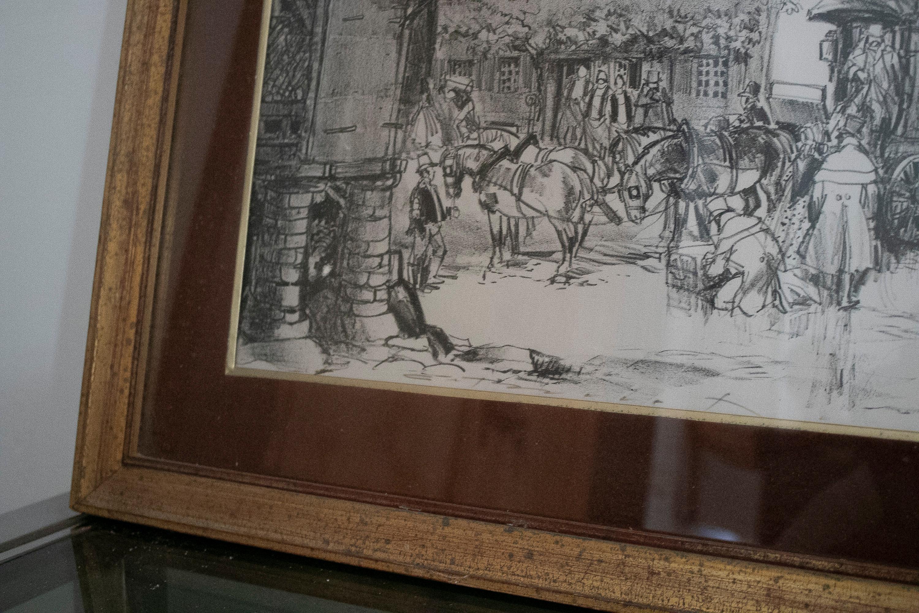 1970s French Post House Charcoal Painting For Sale 7