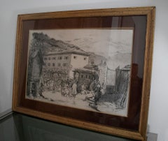 1970s French Post House Charcoal Painting