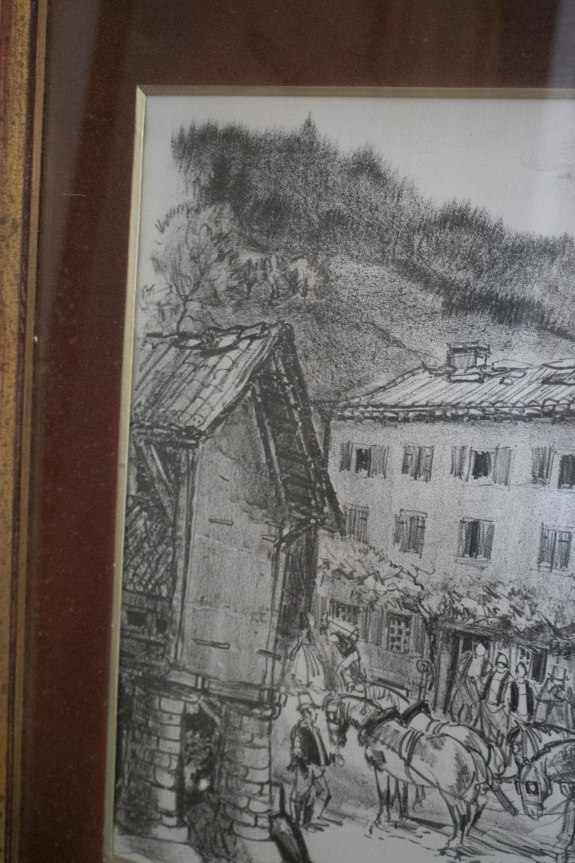 20th Century 1970s French Post House Charcoal Painting For Sale
